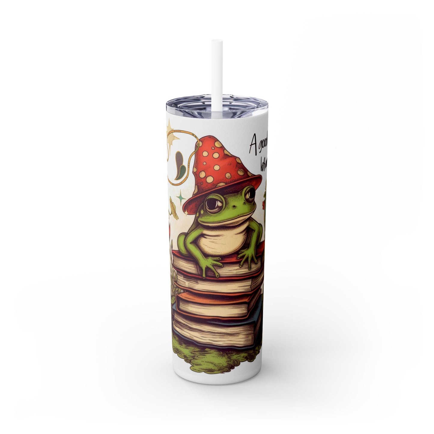 Cozy Frog Book Stack Coffee Tumbler – 20 oz Skinny Cup for Bookworms - Sippincity
