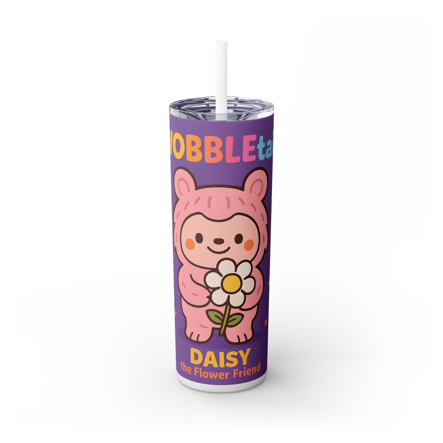 Daisy the Flower Friend | Wobbletails 20oz Skinny Purple Floral Kawaii Tumbler with Straw