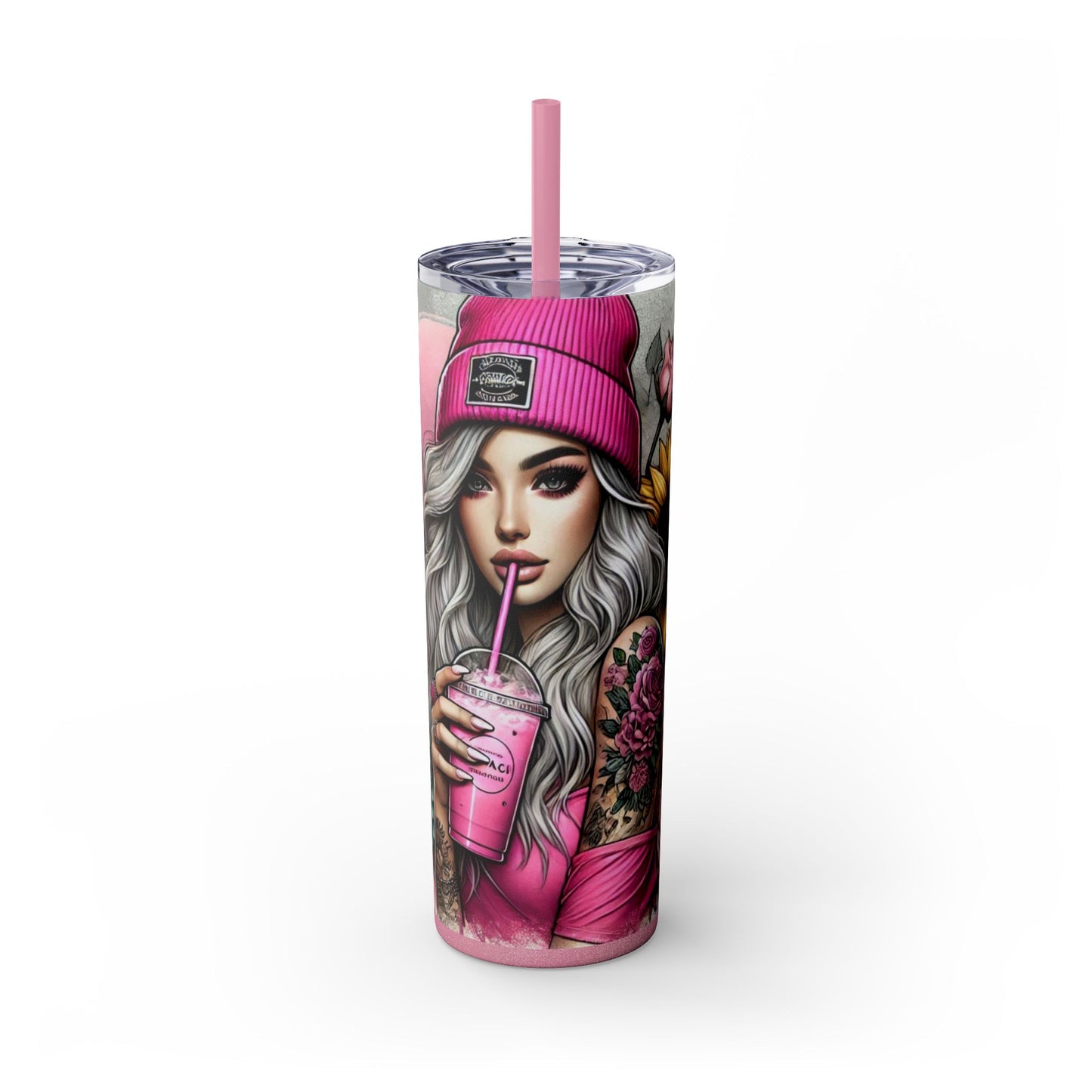Sunflower & Roses Tattoo Tumbler for Her - Aesthetic Pink Drinkware 20 oz - Sippincity