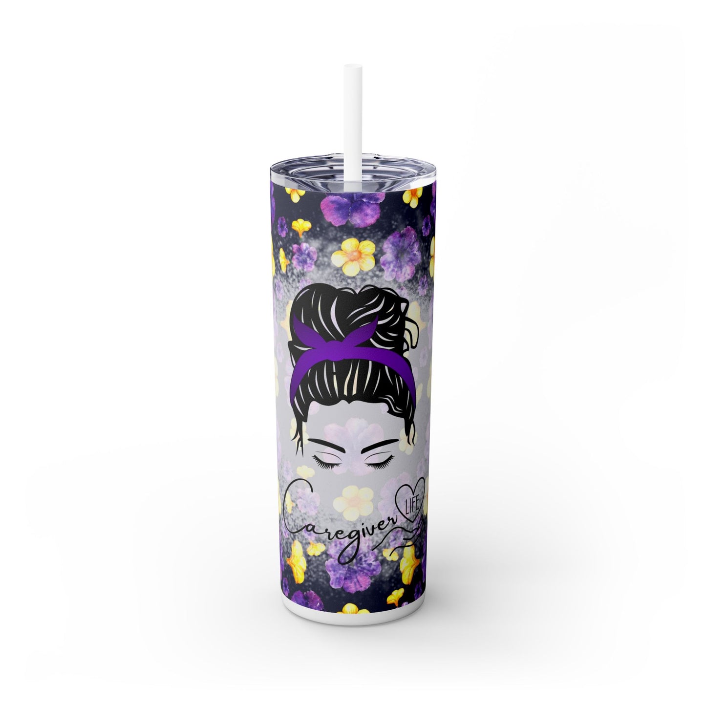 Caregiver Life 20 oz Skinny Tumbler – Messy Bun Design for Long Shifts - Sippincity