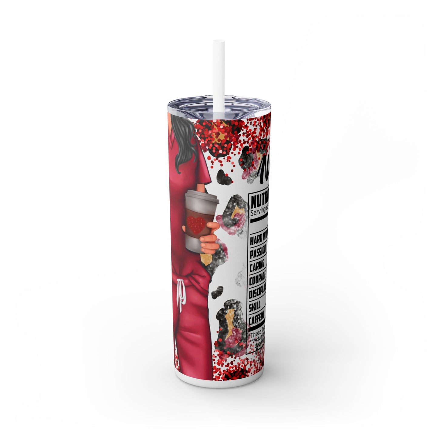 Funny Red Nurse Tumbler – 20 oz Skinny Insulated Cup with Leopard Glitter & Nutritional Facts - Sippincity