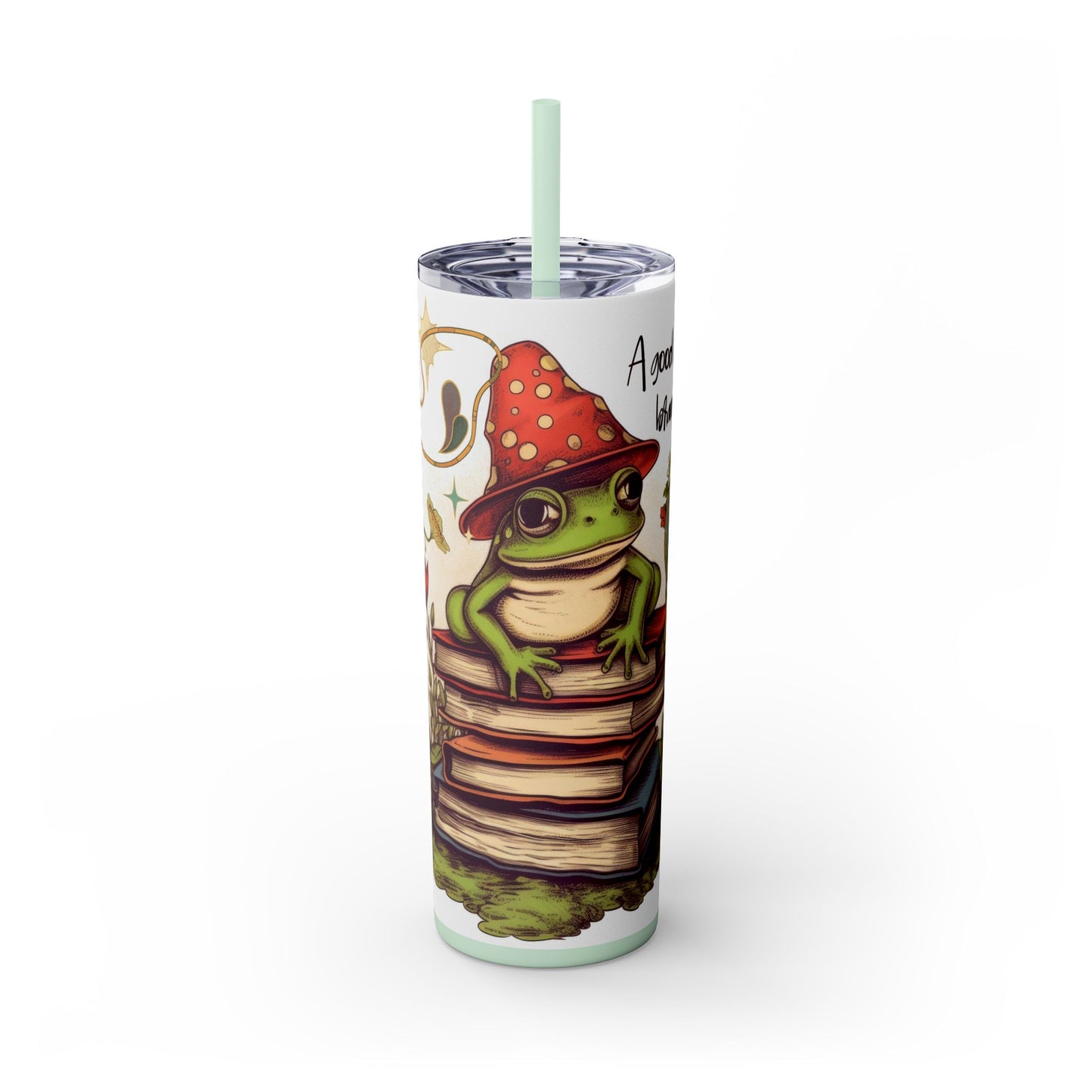 Cozy Frog Book Stack Coffee Tumbler – 20 oz Skinny Cup for Bookworms - Sippincity
