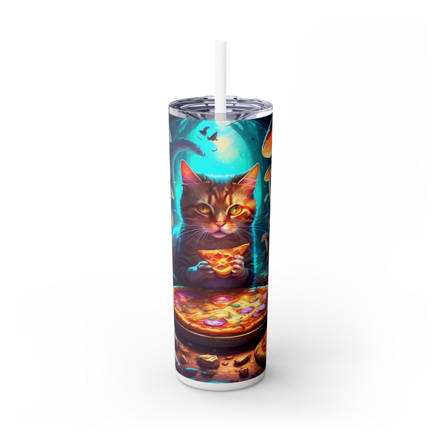 Whimsical Cat Eating Pizza Tumbler – Psychedelic Mushroom Drinkware - Sippincity