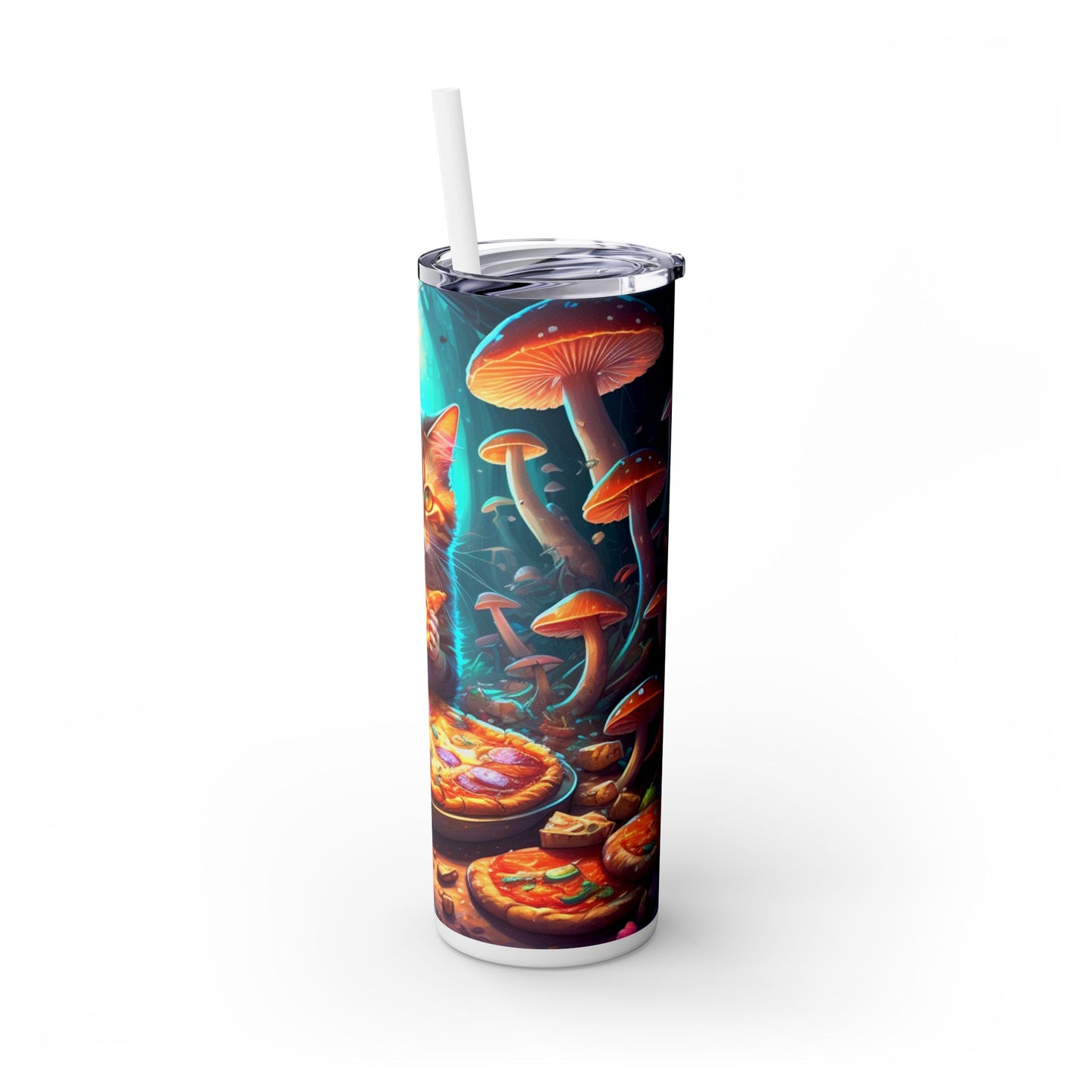 Whimsical Cat Eating Pizza Tumbler – Psychedelic Mushroom Drinkware - Sippincity