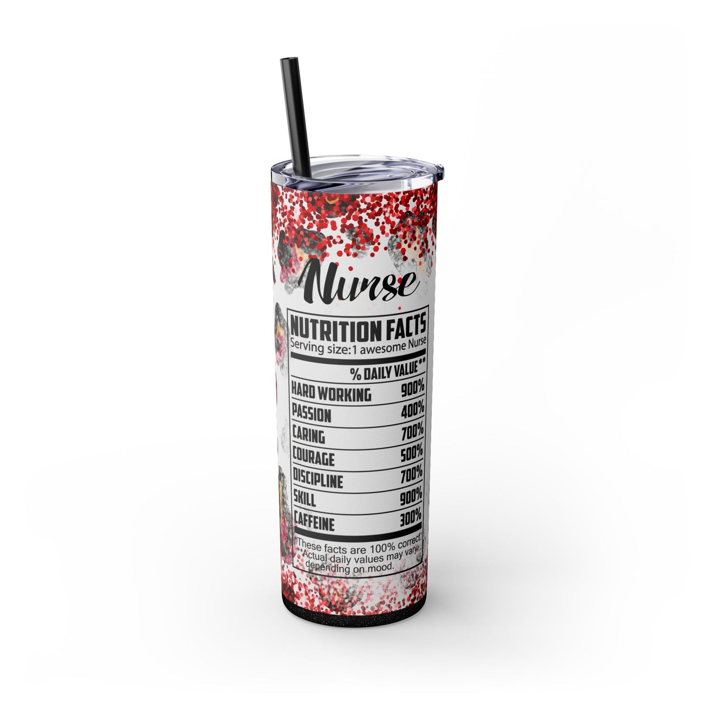 Funny Red Nurse Tumbler – 20 oz Skinny Insulated Cup with Leopard Glitter & Nutritional Facts - Sippincity