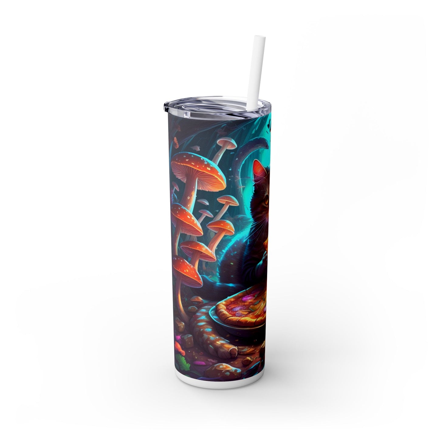 Whimsical Cat Eating Pizza Tumbler – Psychedelic Mushroom Drinkware - Sippincity