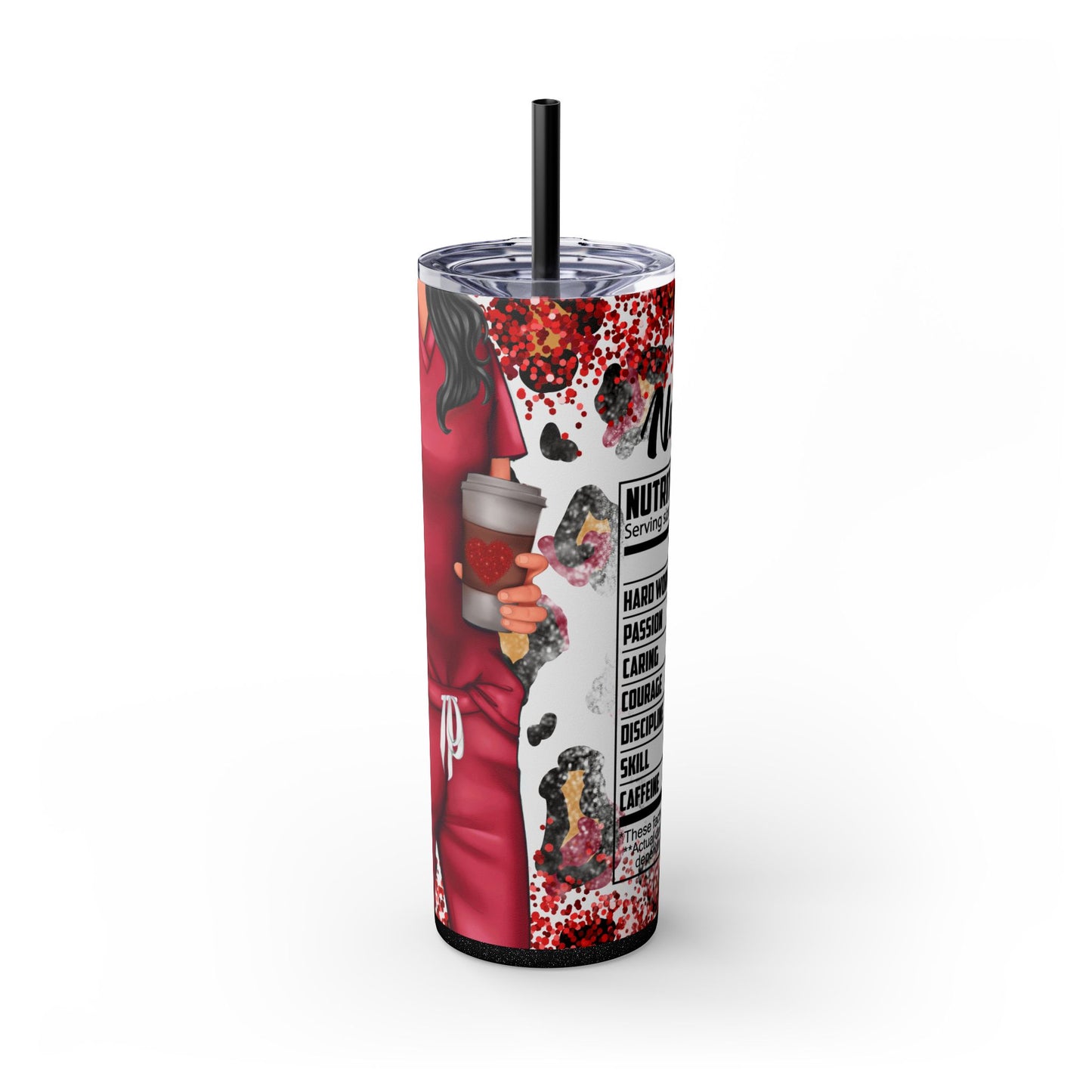 Funny Red Nurse Tumbler – 20 oz Skinny Insulated Cup with Leopard Glitter & Nutritional Facts - Sippincity