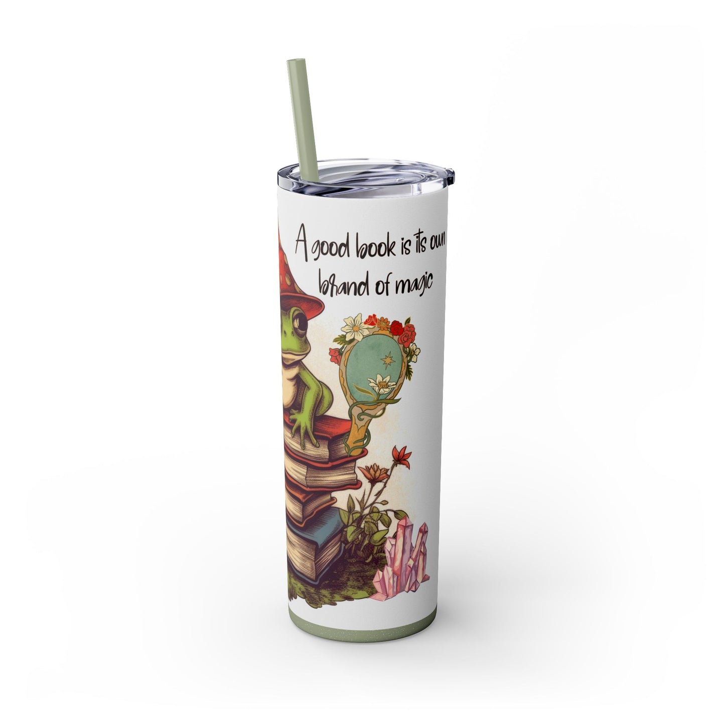 Cozy Frog Book Stack Coffee Tumbler – 20 oz Skinny Cup for Bookworms - Sippincity
