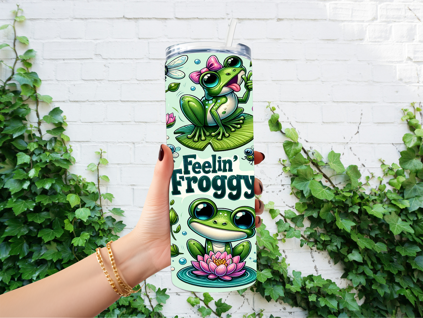 Funny frog lover tumbler with straw and colorful green frog artwork