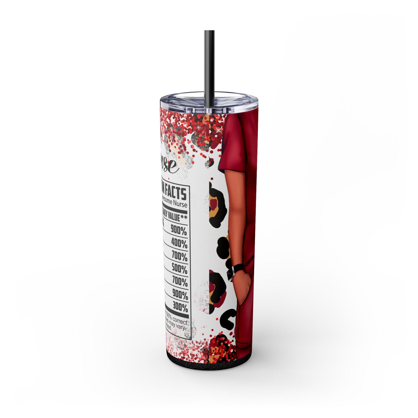 Funny Red Nurse Tumbler – 20 oz Skinny Insulated Cup with Leopard Glitter & Nutritional Facts - Sippincity
