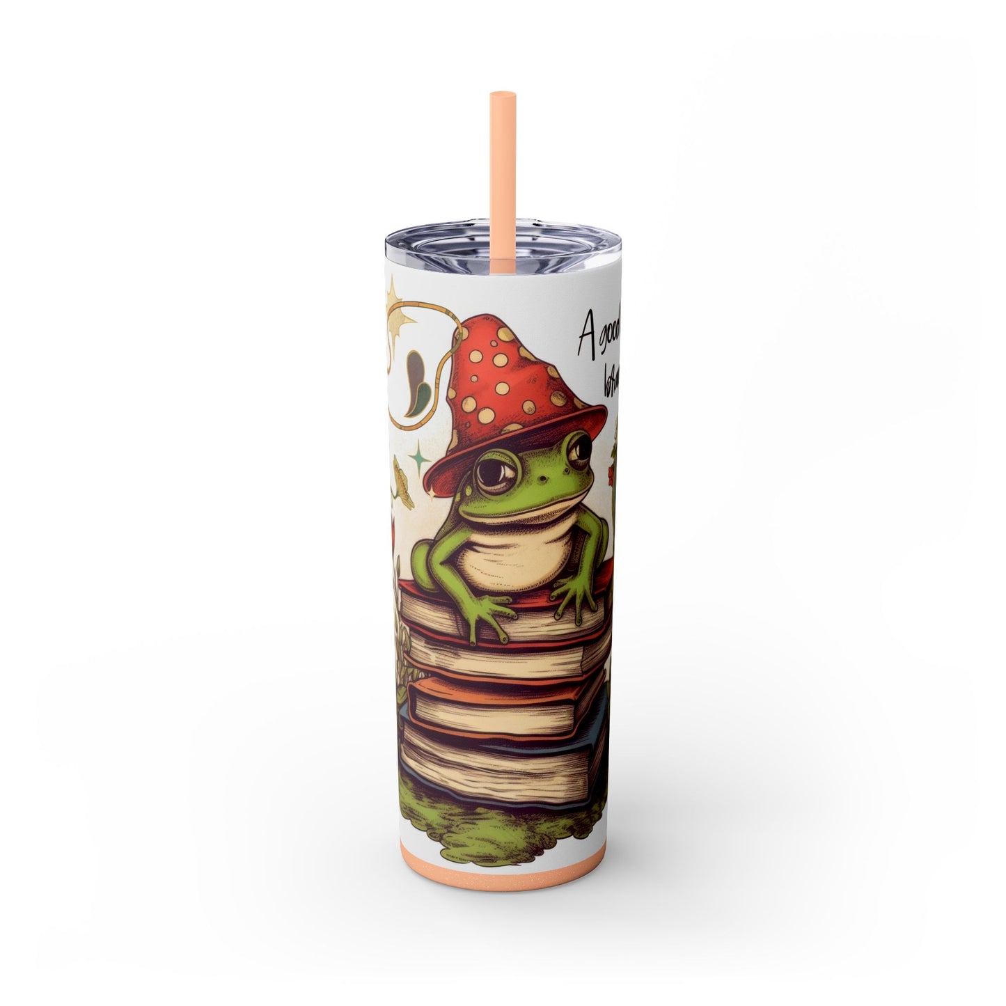Cozy Frog Book Stack Coffee Tumbler – 20 oz Skinny Cup for Bookworms - Sippincity
