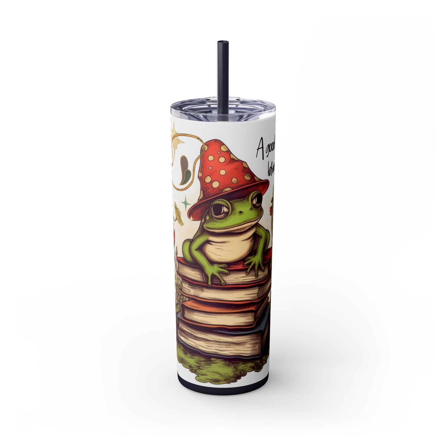 Cozy Frog Book Stack Coffee Tumbler – 20 oz Skinny Cup for Bookworms - Sippincity