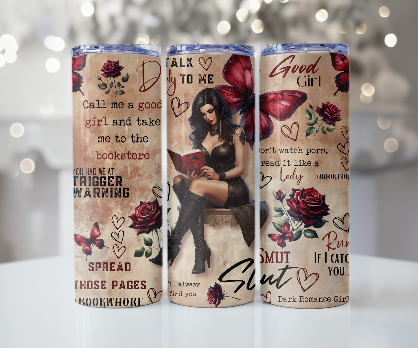 Dark Romance Reader Tumbler - 20 oz Skinny Insulated Cup for Book Lovers - Sippincity