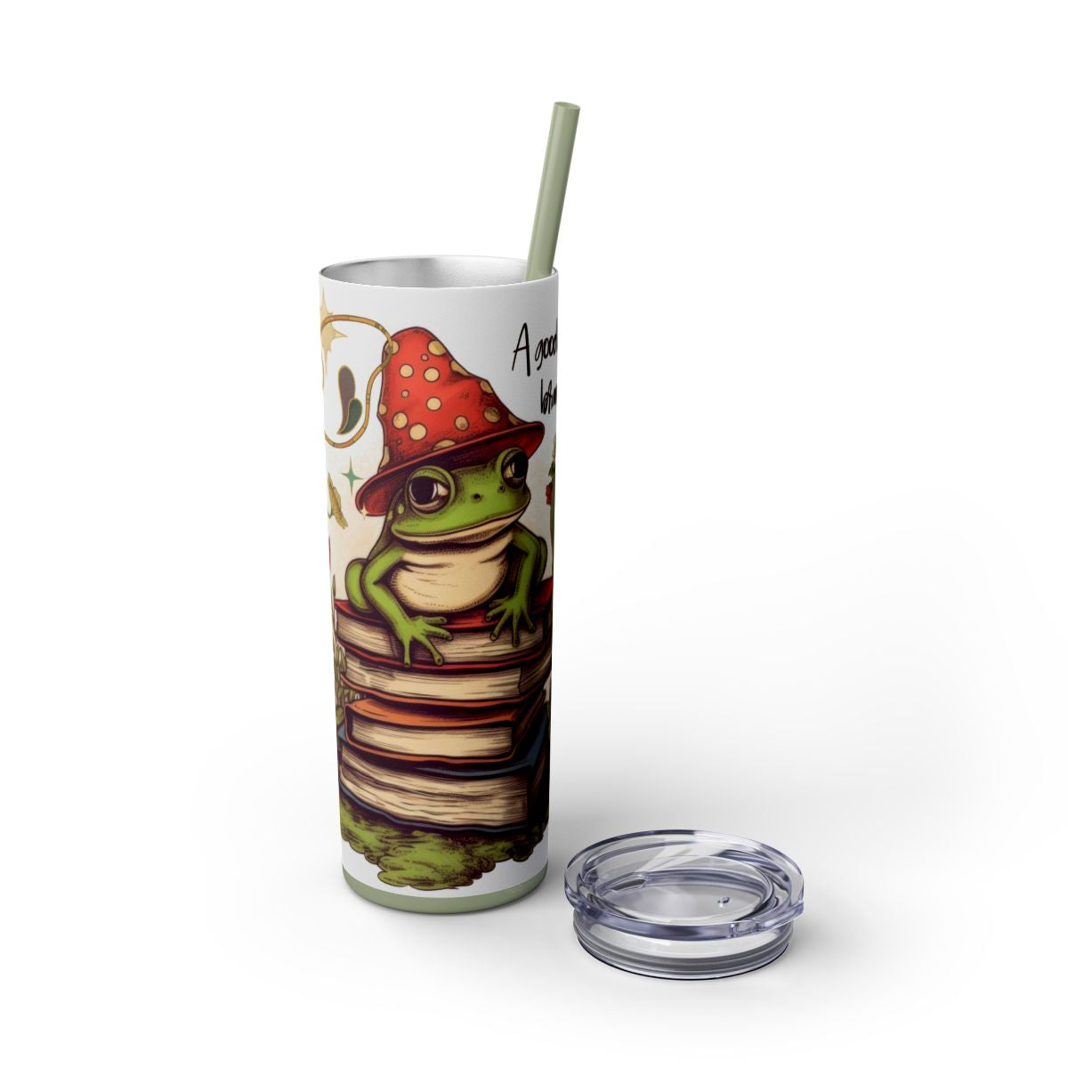 Cozy Frog Book Stack Coffee Tumbler – 20 oz Skinny Cup for Bookworms - Sippincity
