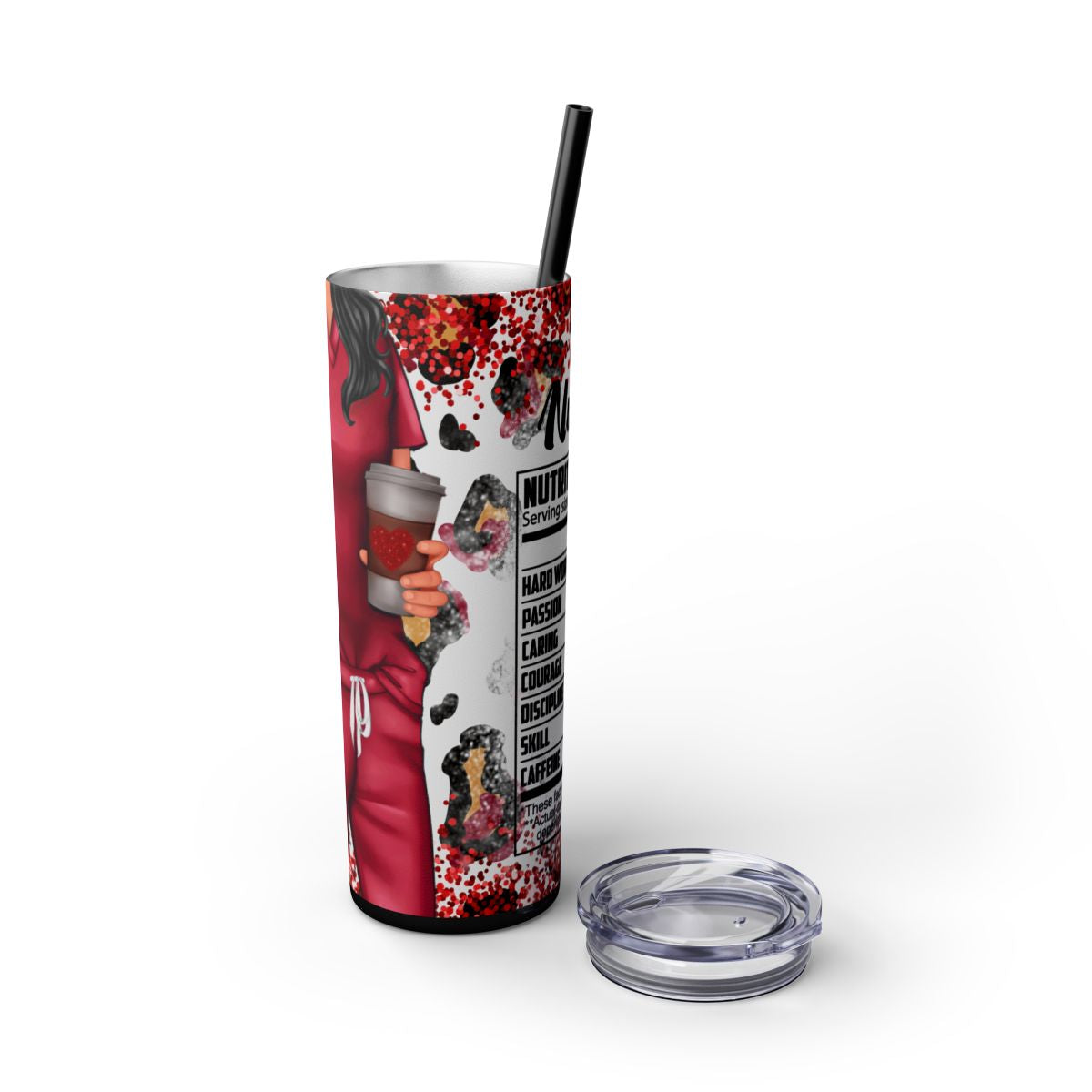 Funny Red Nurse Tumbler – 20 oz Skinny Insulated Cup with Leopard Glitter & Nutritional Facts - Sippincity