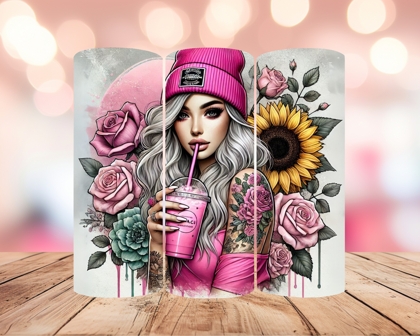 Sunflower & Roses Tattoo Tumbler for Her - Aesthetic Pink Drinkware 20 oz - Sippincity