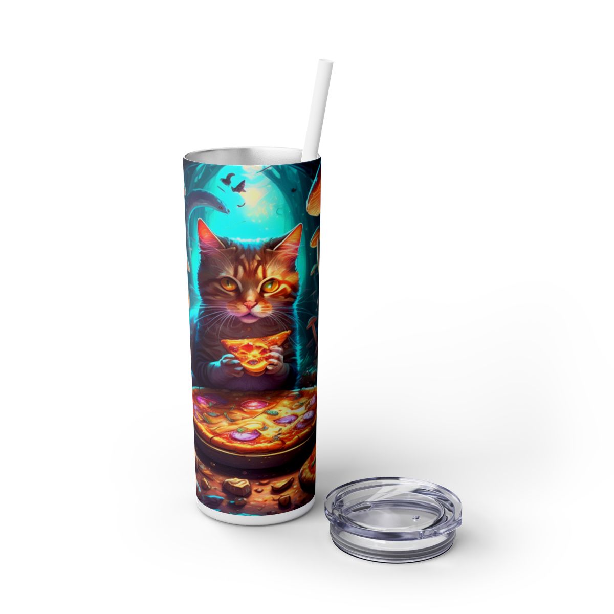 Whimsical Cat Eating Pizza Tumbler – Psychedelic Mushroom Drinkware - Sippincity