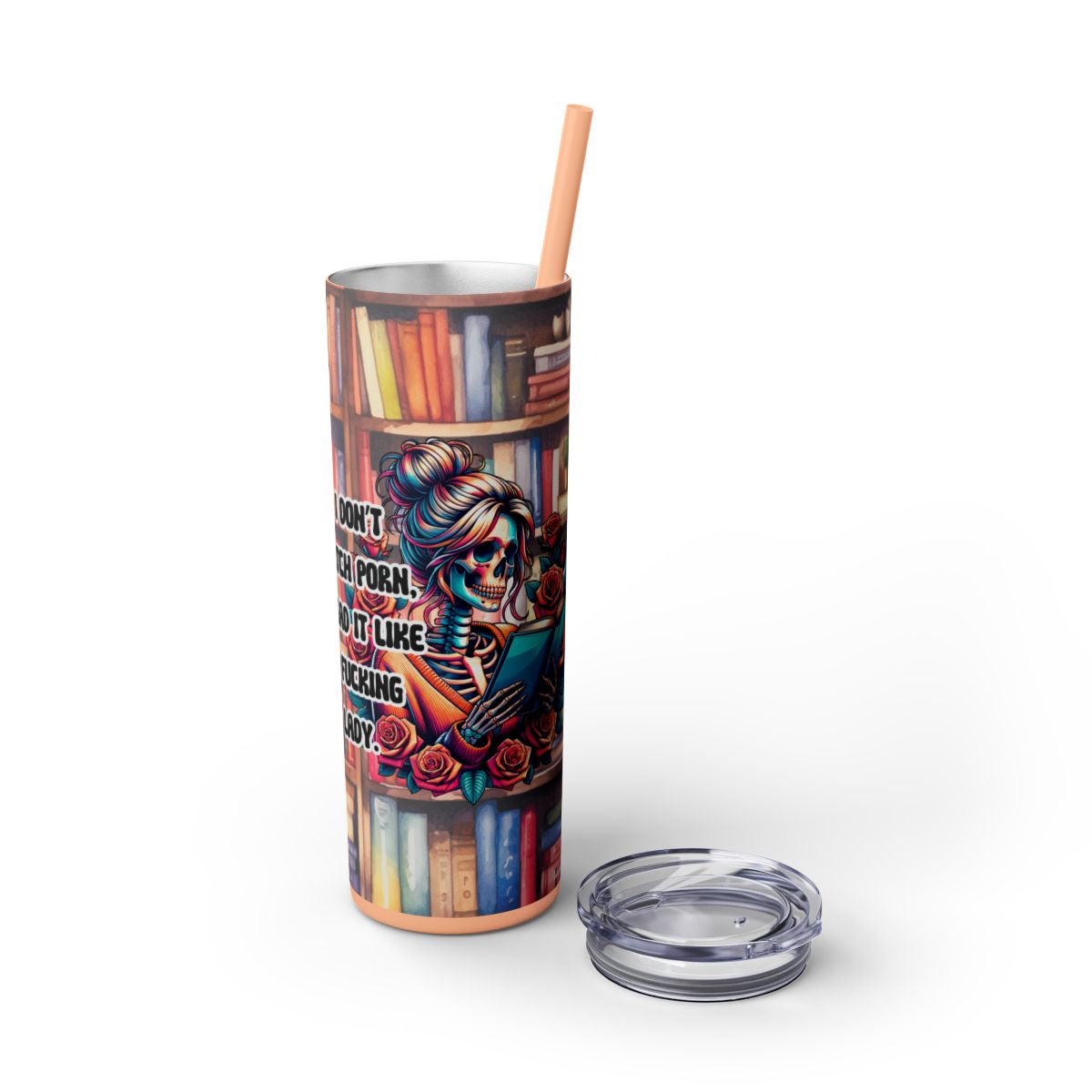 Funny Book Lover Tumbler – “I Don’t Watch Porn, I Read It” Skeleton & Bookshelf - Sippincity