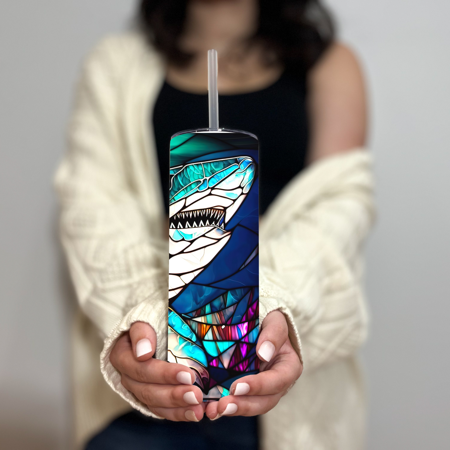 Stained Glass Shark Tumbler - 20oz Ocean Lover Drinkware - Sippincity