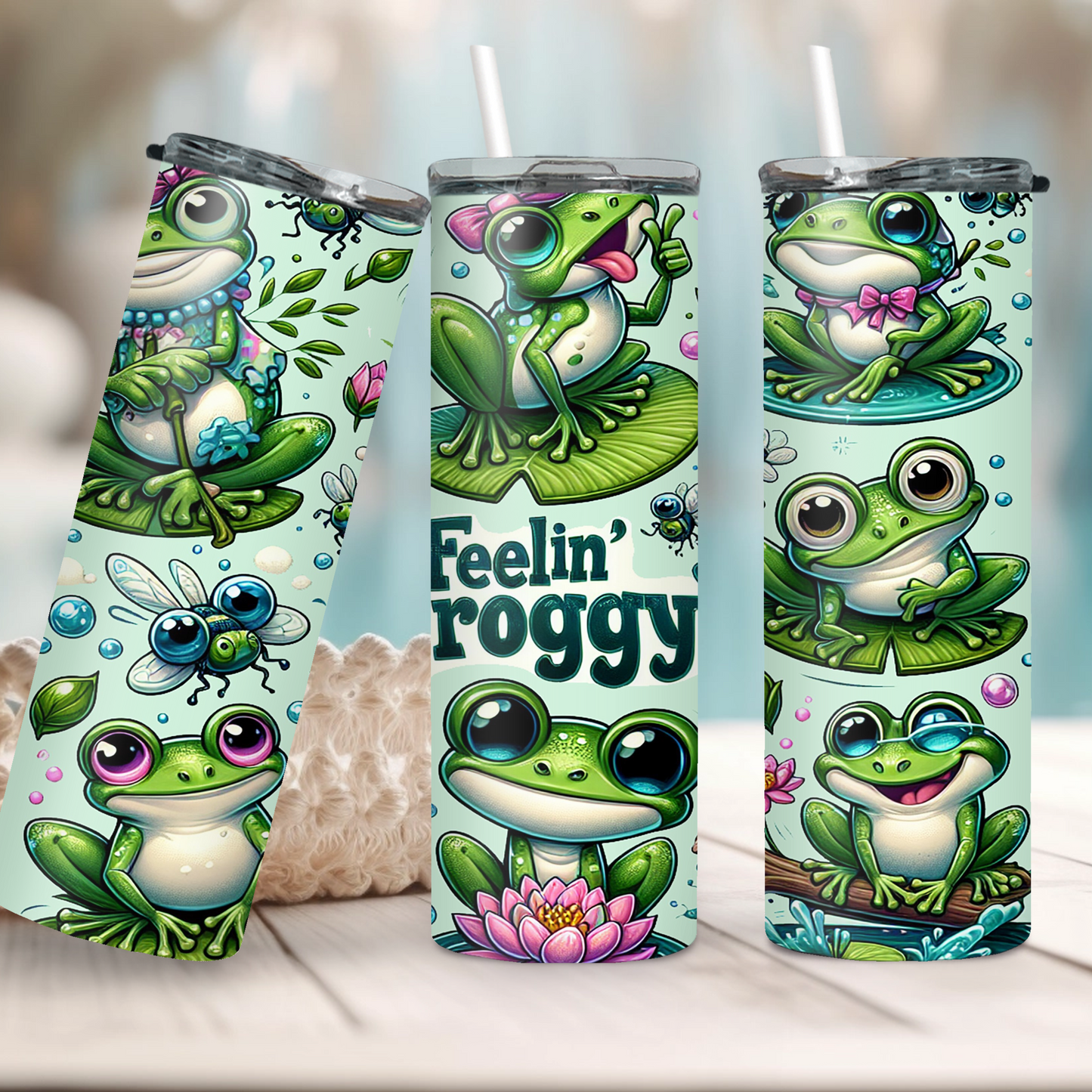 Feelin Froggy 20oz tumbler with cute cartoon frog and lily pad design