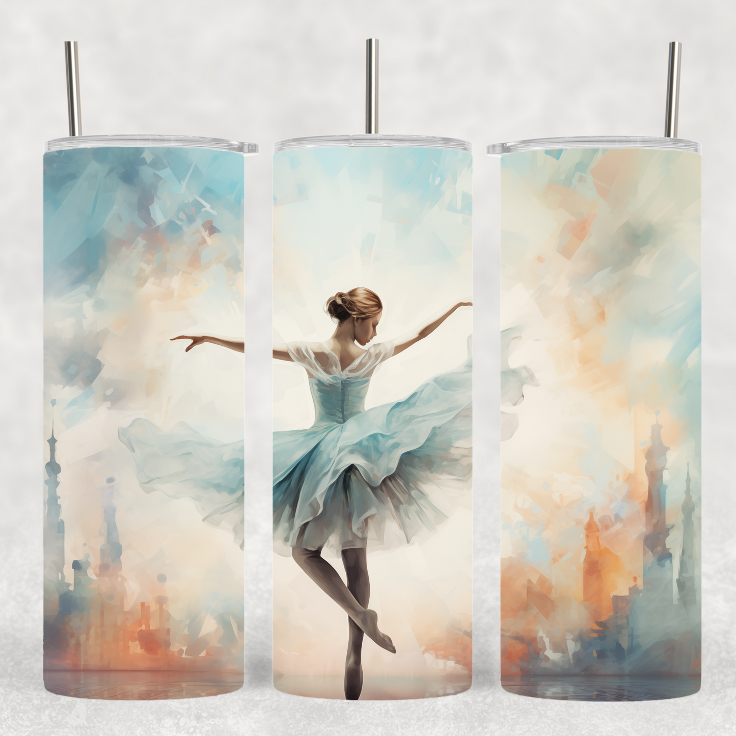 Stainless steel tumbler with ballerina in pirouette pose