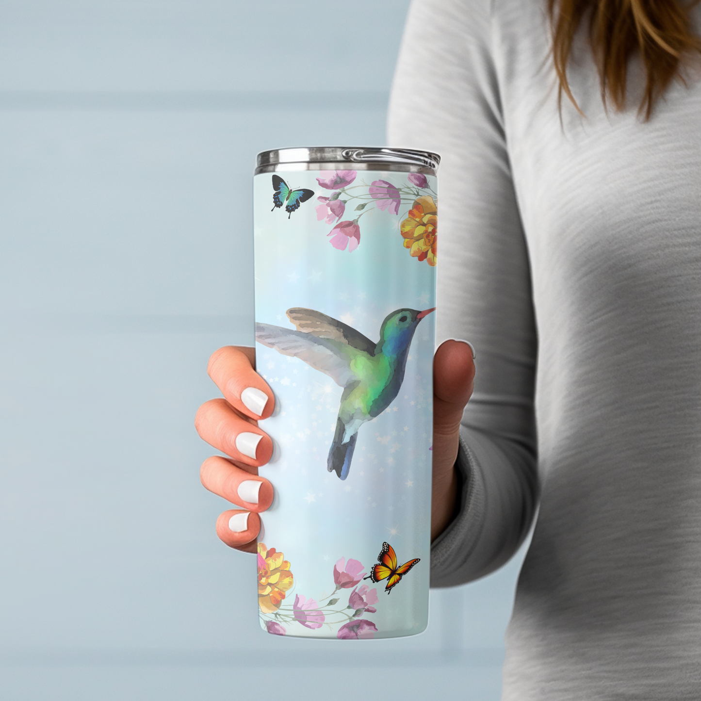 Hummingbird Floral Stainless Steel Skinny Tumbler - Butterfly Design - Sippincity