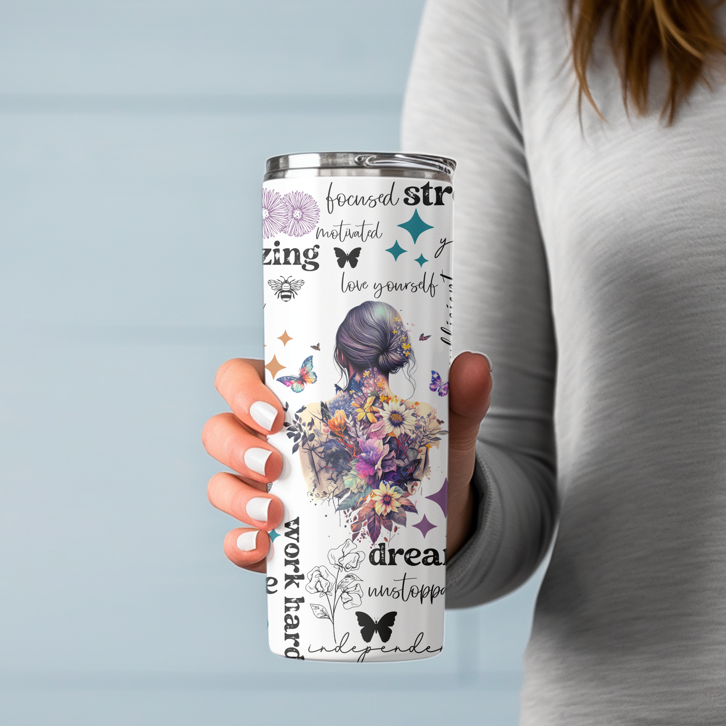 Positive Affirmation 20 oz Skinny Tumbler – Inspirational Butterfly Insulated Cup for Motivation & Self-Care - Sippincity