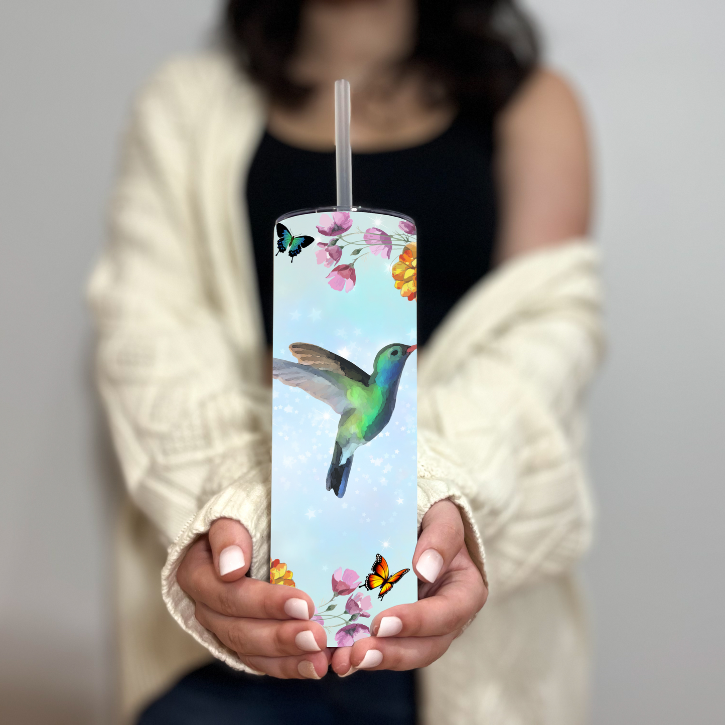 Hummingbird Floral Stainless Steel Skinny Tumbler - Butterfly Design - Sippincity