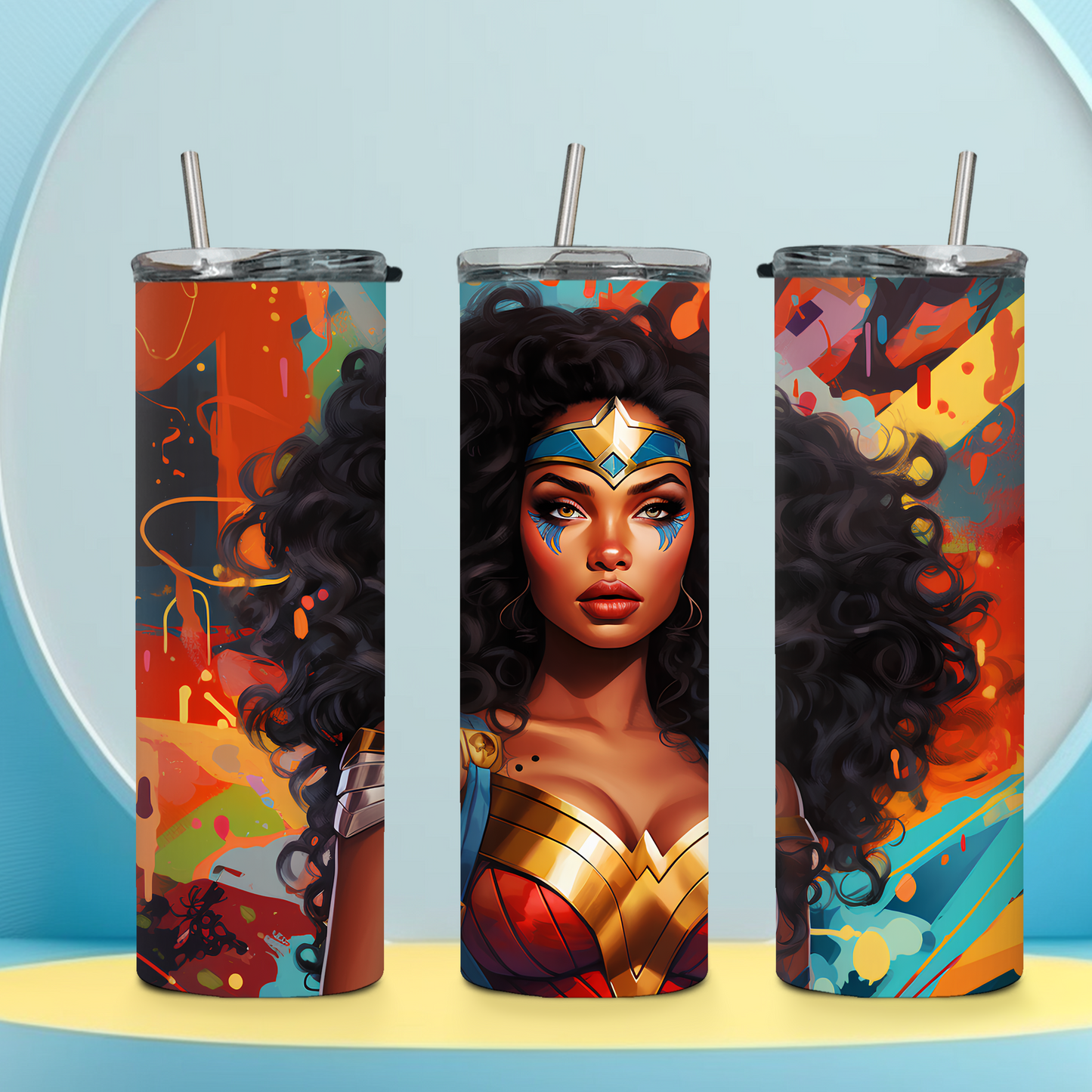 Wonder Warrior 3D Graffiti Tumbler – Black Heroine Street Art Cup, 20 oz - Sippincity
