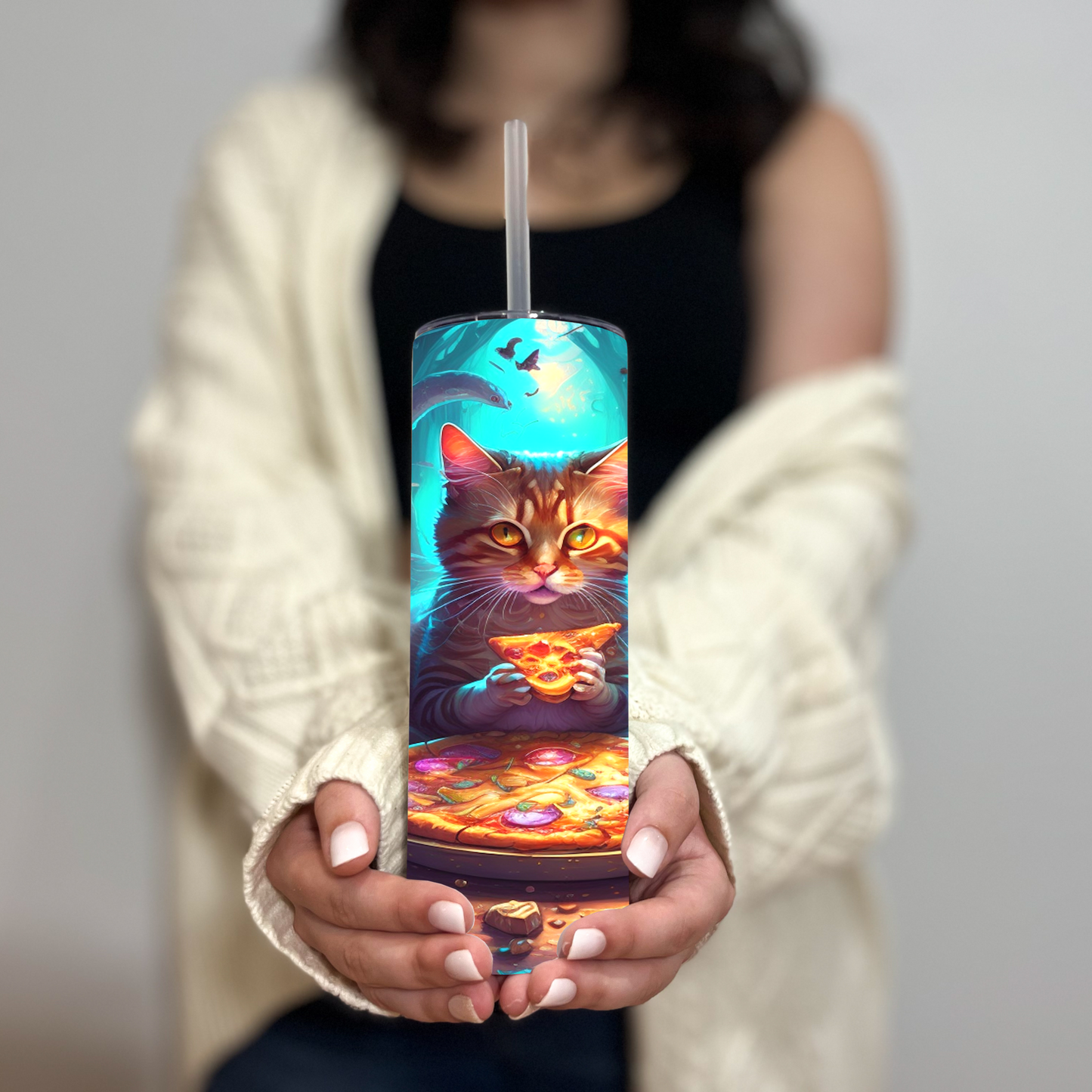 Whimsical Cat Eating Pizza Tumbler – Psychedelic Mushroom Drinkware - Sippincity