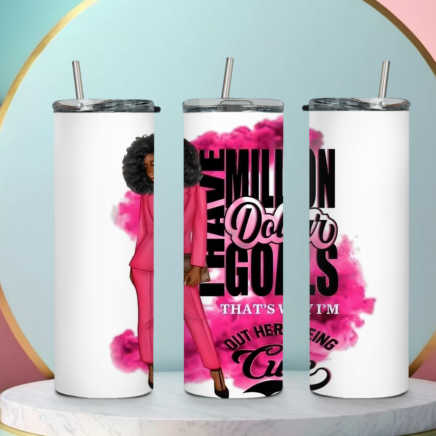 Afro Boss Babe Pink Tumbler - Million Dollar Goals Motivation - Sippincity