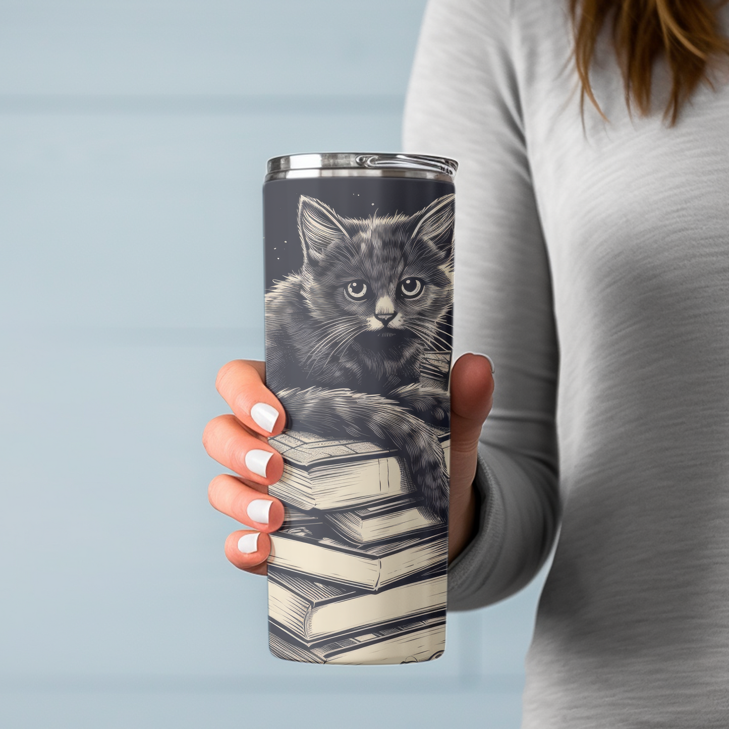 Stack of Books Cat Tumbler – Cute Reading Cat Mug - Sippincity