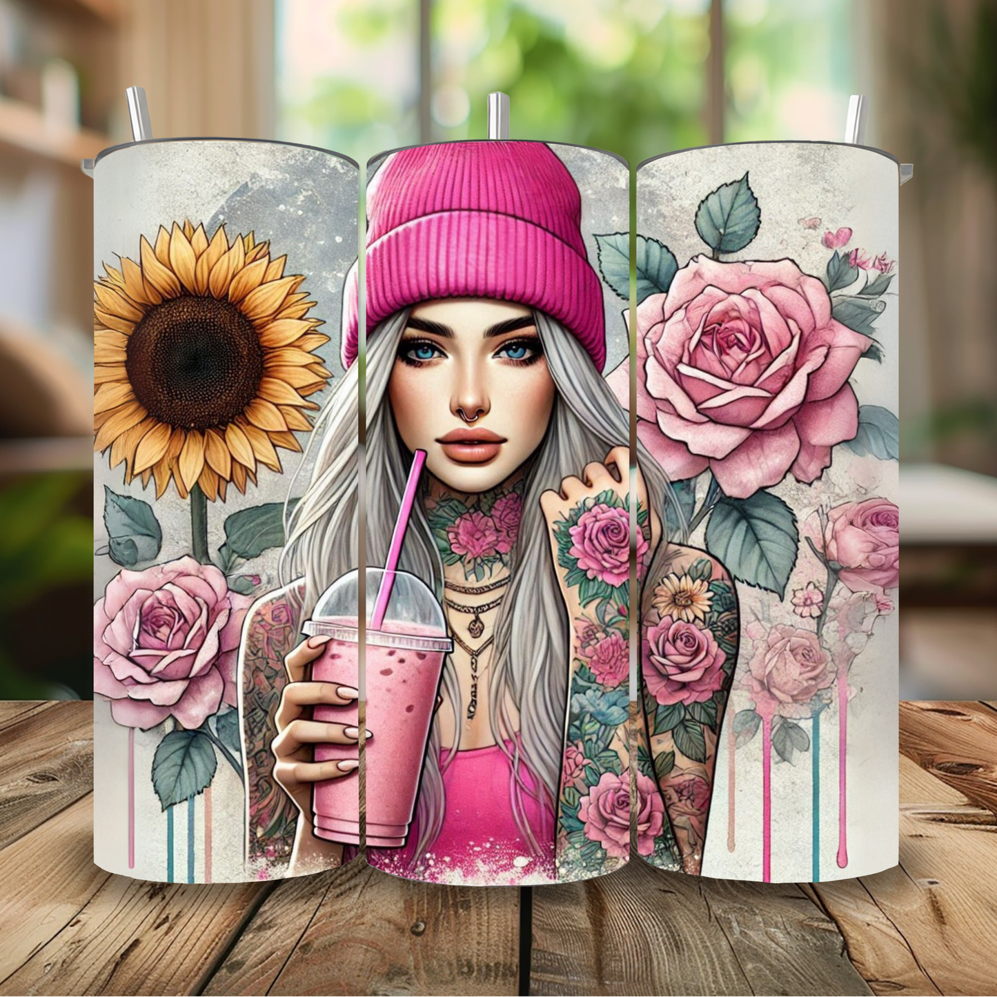 Tattoo Lover’s Floral Tumbler– Inked Sunflower and Roses Design Drinkware - Sippincity