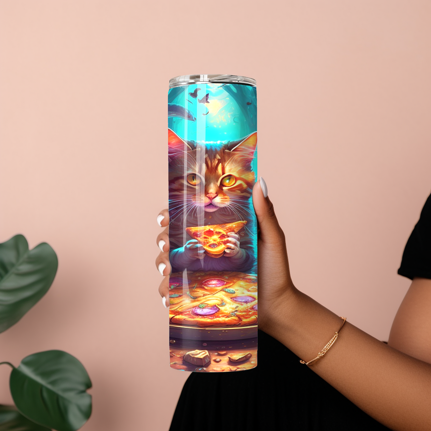 Whimsical Cat Eating Pizza Tumbler – Psychedelic Mushroom Drinkware - Sippincity
