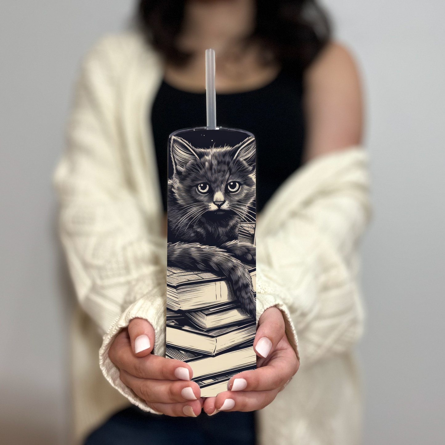 Stack of Books Cat Tumbler – Cute Reading Cat Mug - Sippincity