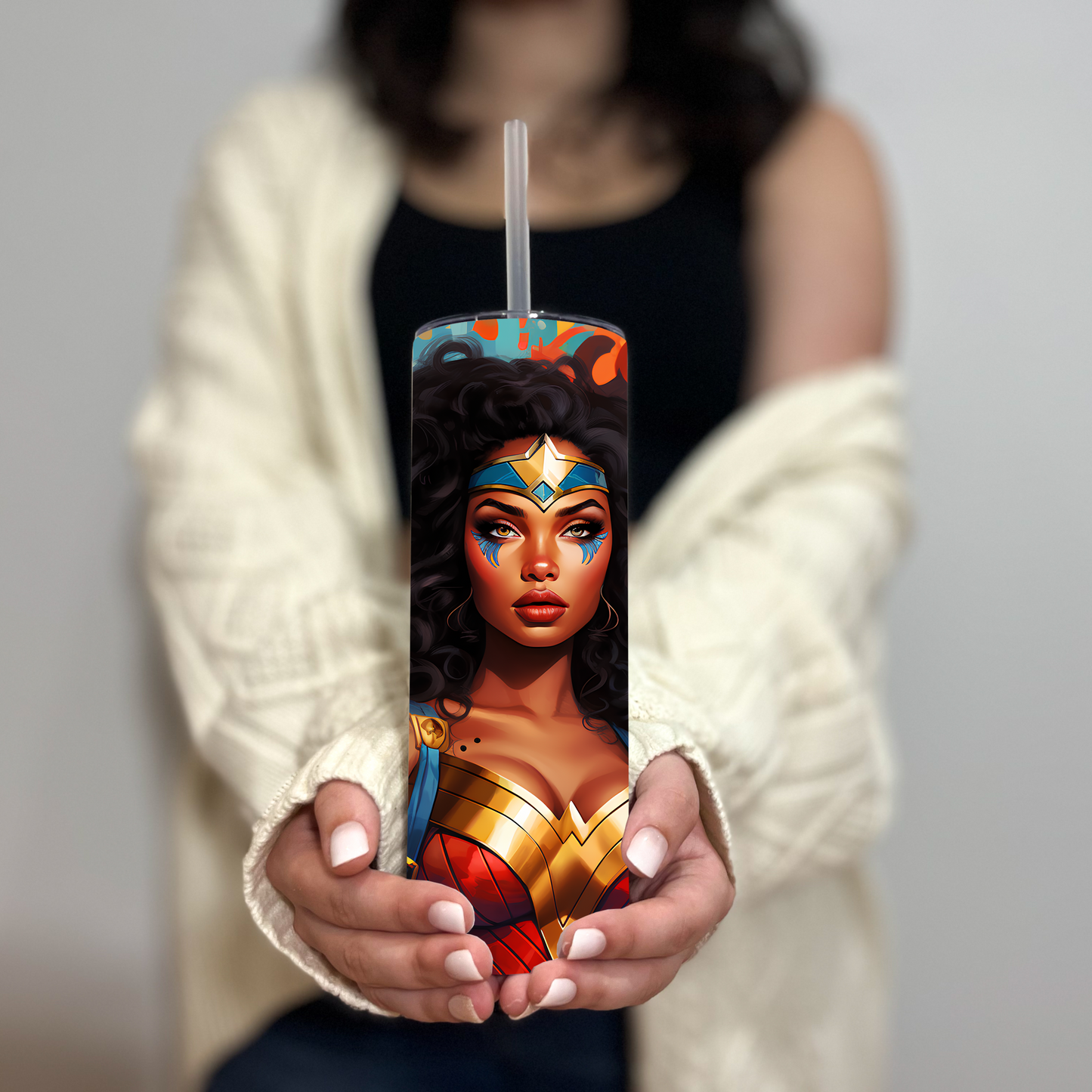 Wonder Warrior 3D Graffiti Tumbler – Black Heroine Street Art Cup, 20 oz - Sippincity