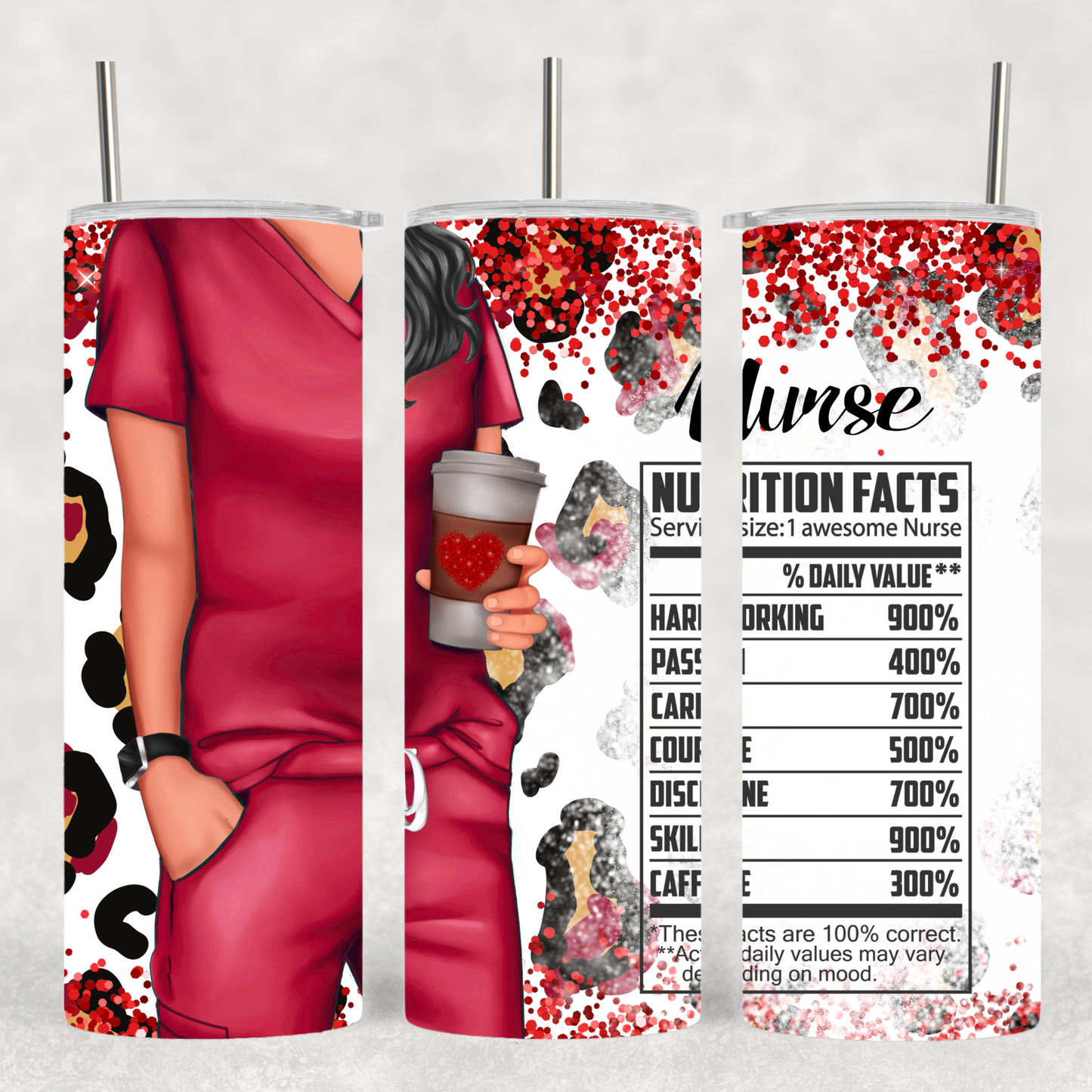 Funny Red Nurse Tumbler – 20 oz Skinny Insulated Cup with Leopard Glitter & Nutritional Facts - Sippincity