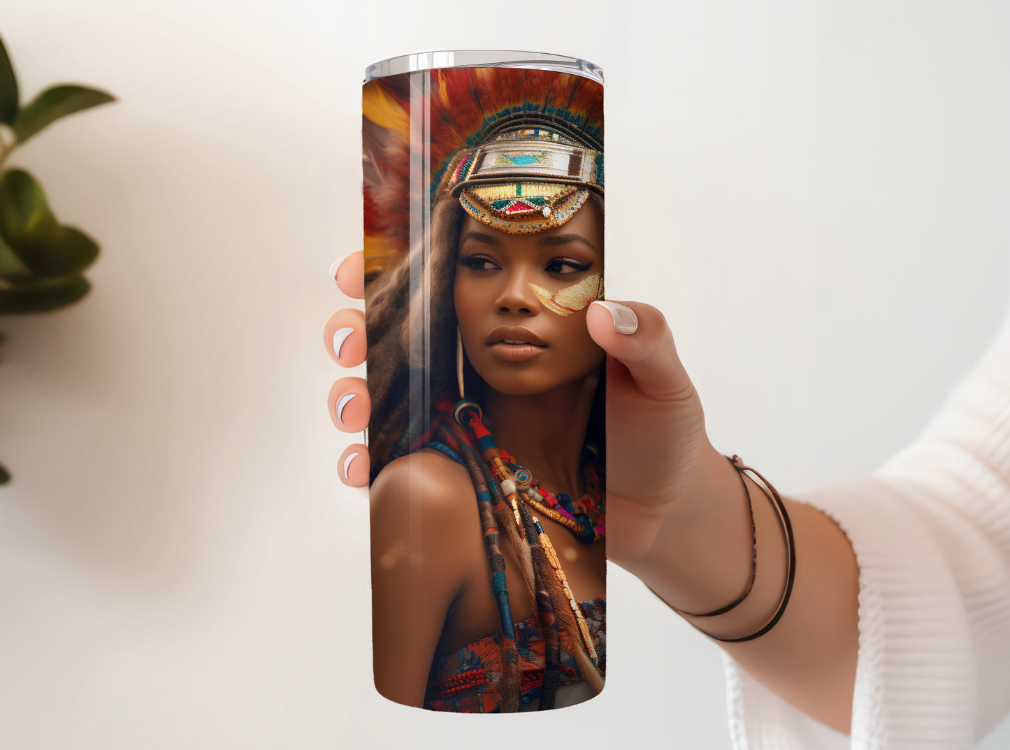 Side view of cultural tumbler with bold Afrocentric art