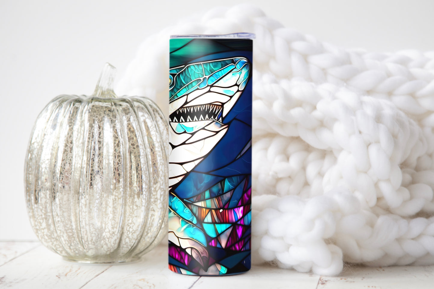 Stained Glass Shark Tumbler - 20oz Ocean Lover Drinkware - Sippincity