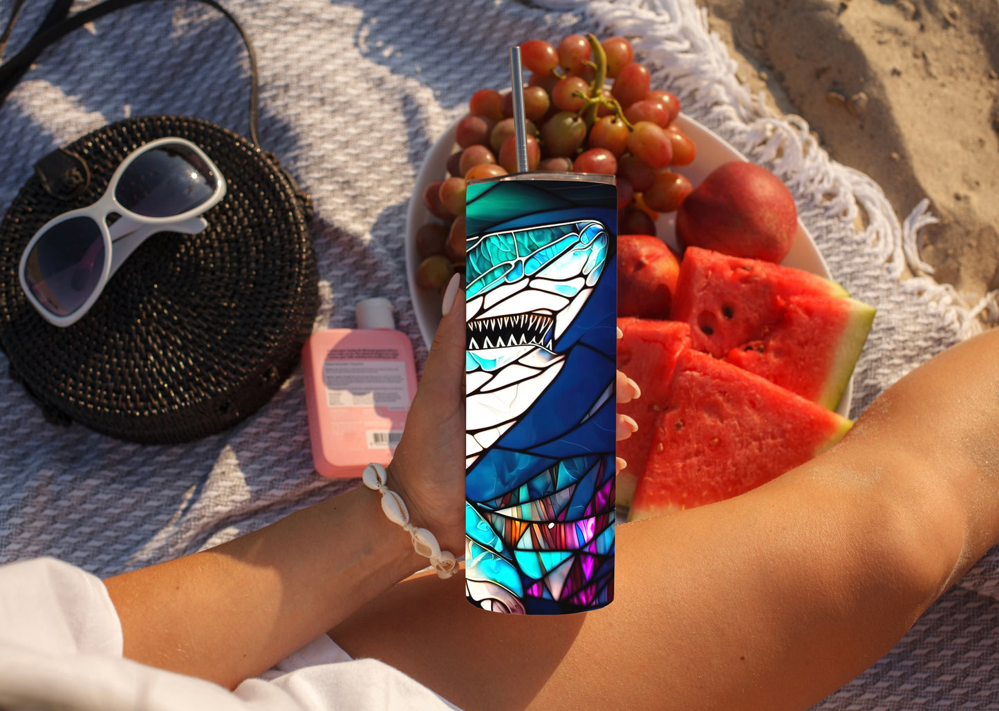 Stained Glass Shark Tumbler - 20oz Ocean Lover Drinkware - Sippincity