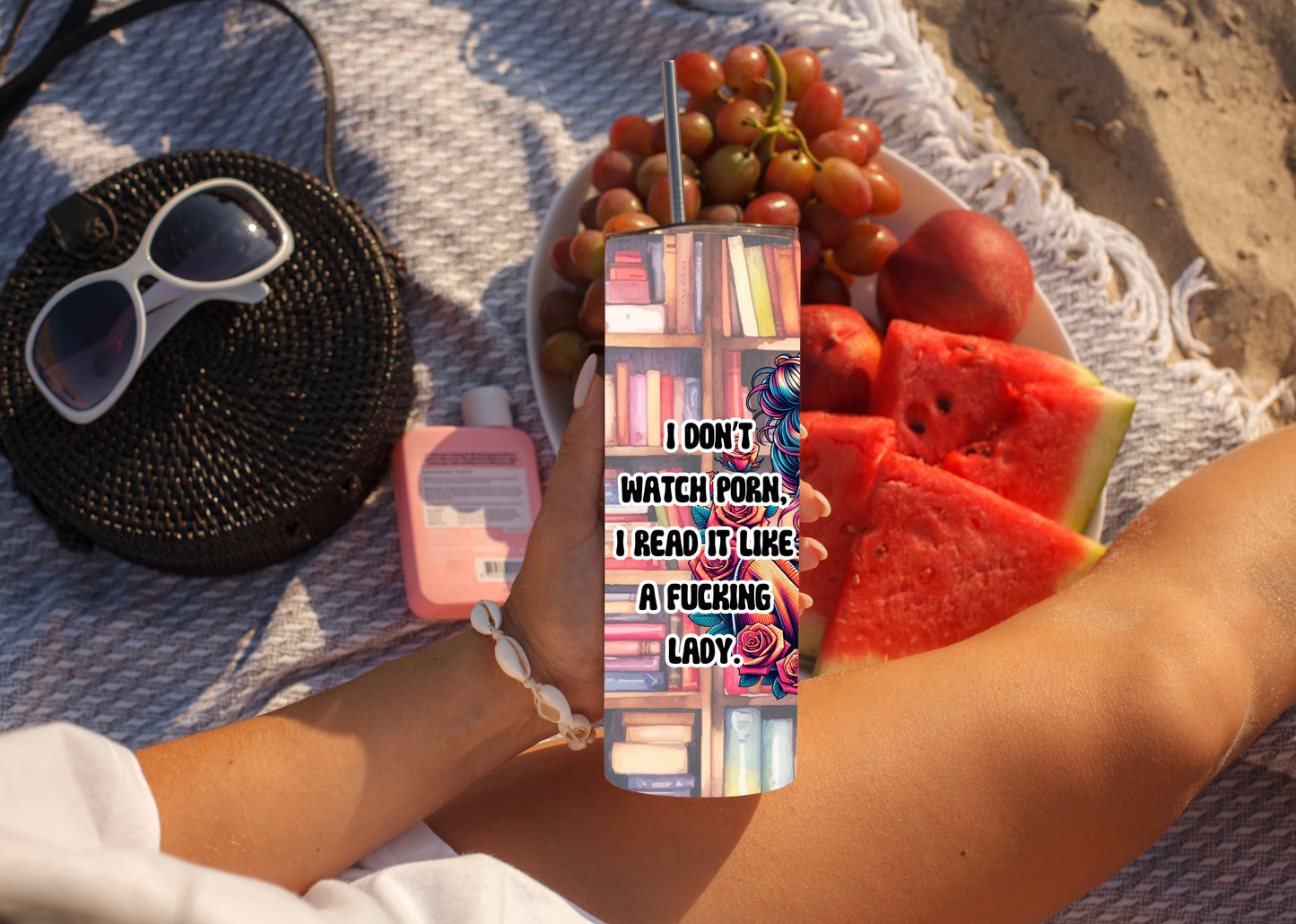 Funny Book Lover Tumbler – “I Don’t Watch Porn, I Read It” Skeleton & Bookshelf - Sippincity