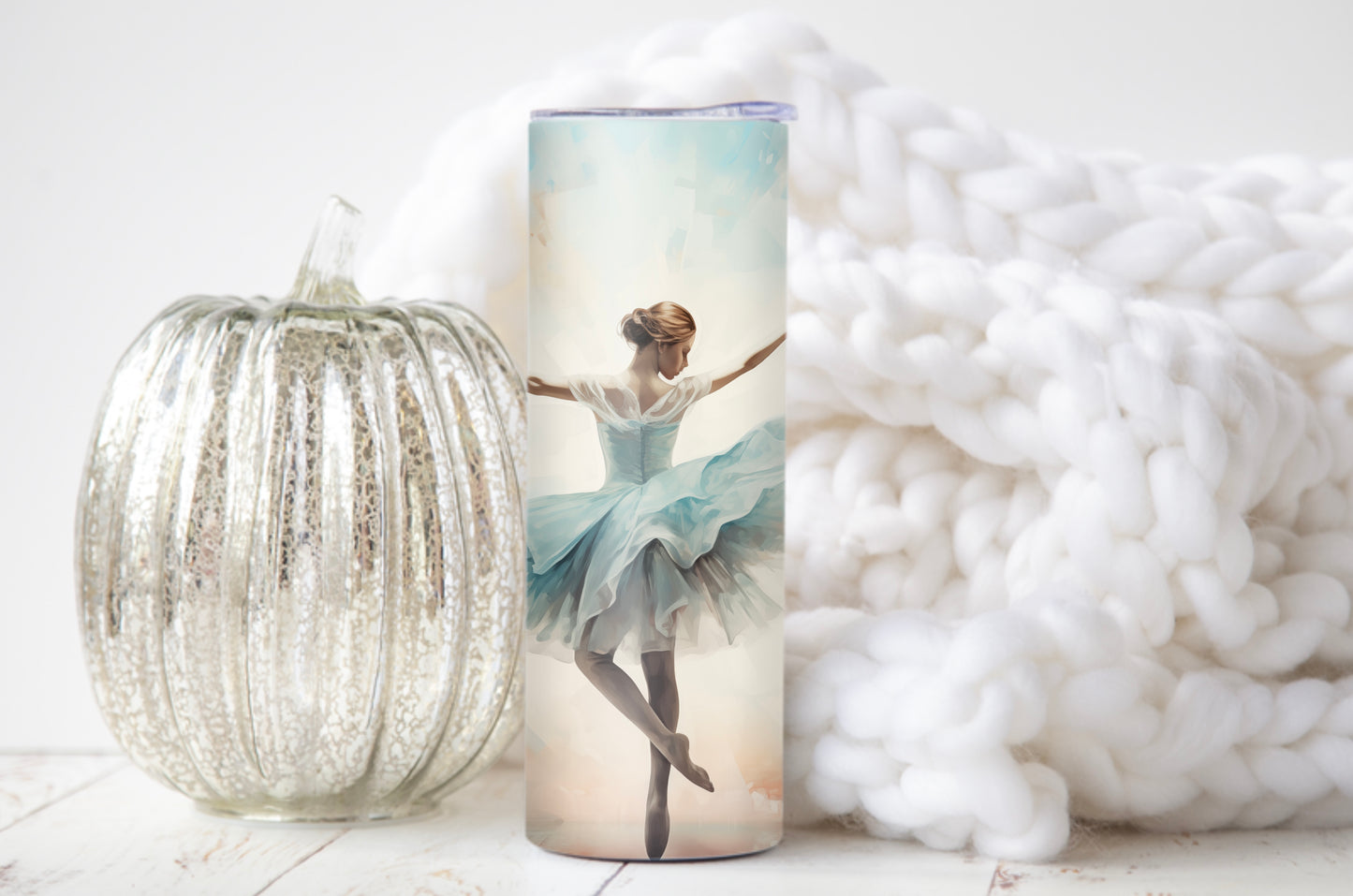 Dance-inspired tumbler gift for ballet lovers
Feminine and elegant ballet tumbler on stage backdrop