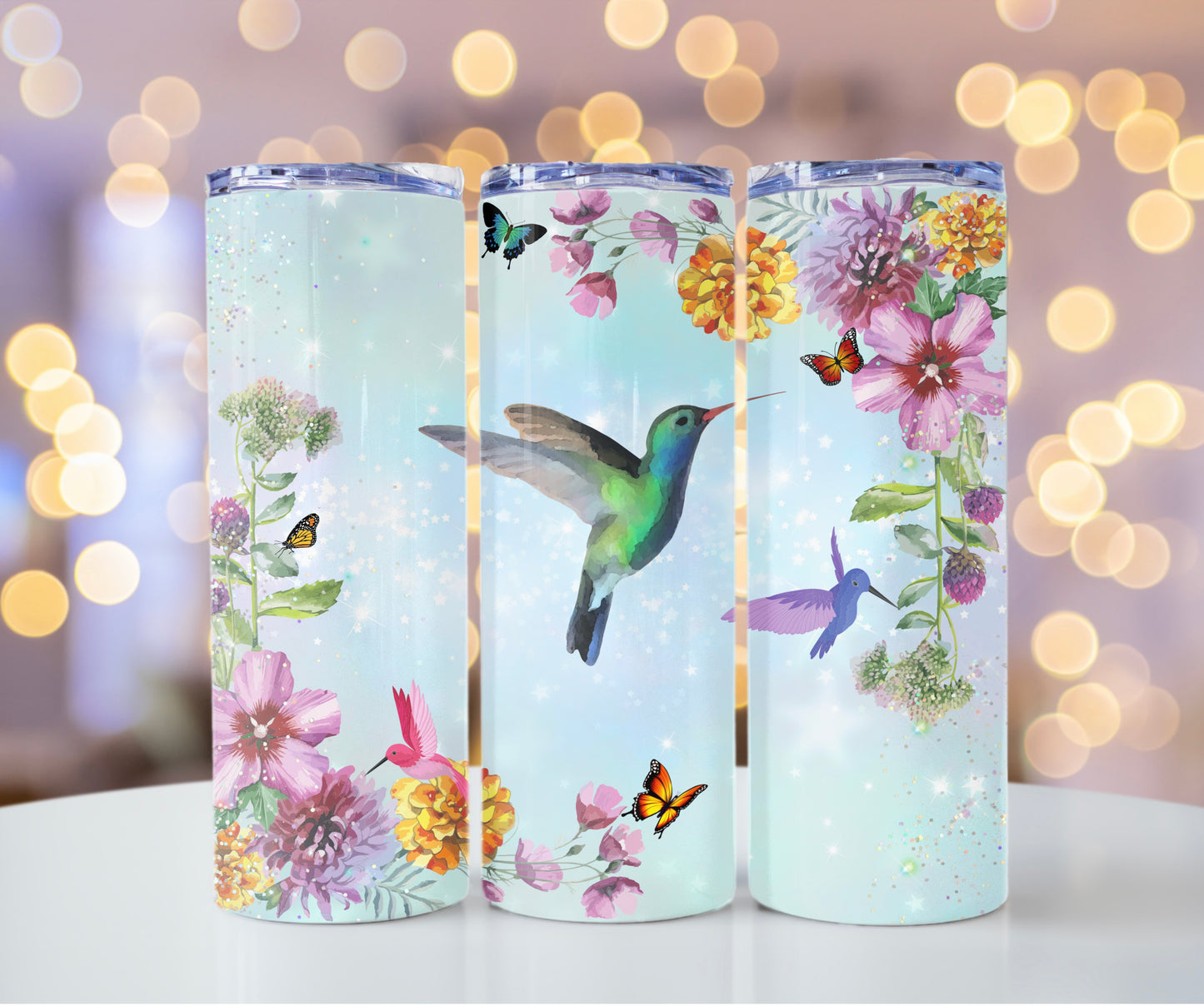 Hummingbird Floral Stainless Steel Skinny Tumbler - Butterfly Design - Sippincity