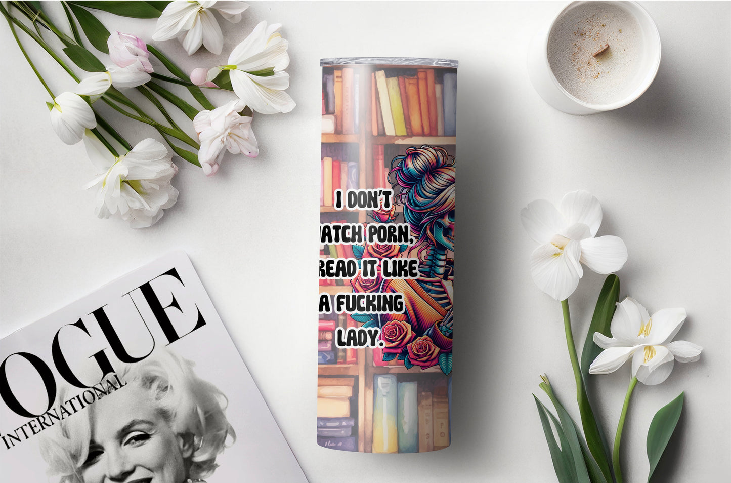 Funny Book Lover Tumbler – “I Don’t Watch Porn, I Read It” Skeleton & Bookshelf - Sippincity