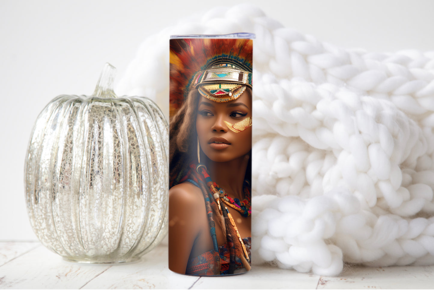 Close-up of melanin queen tumbler in warm earthy tones