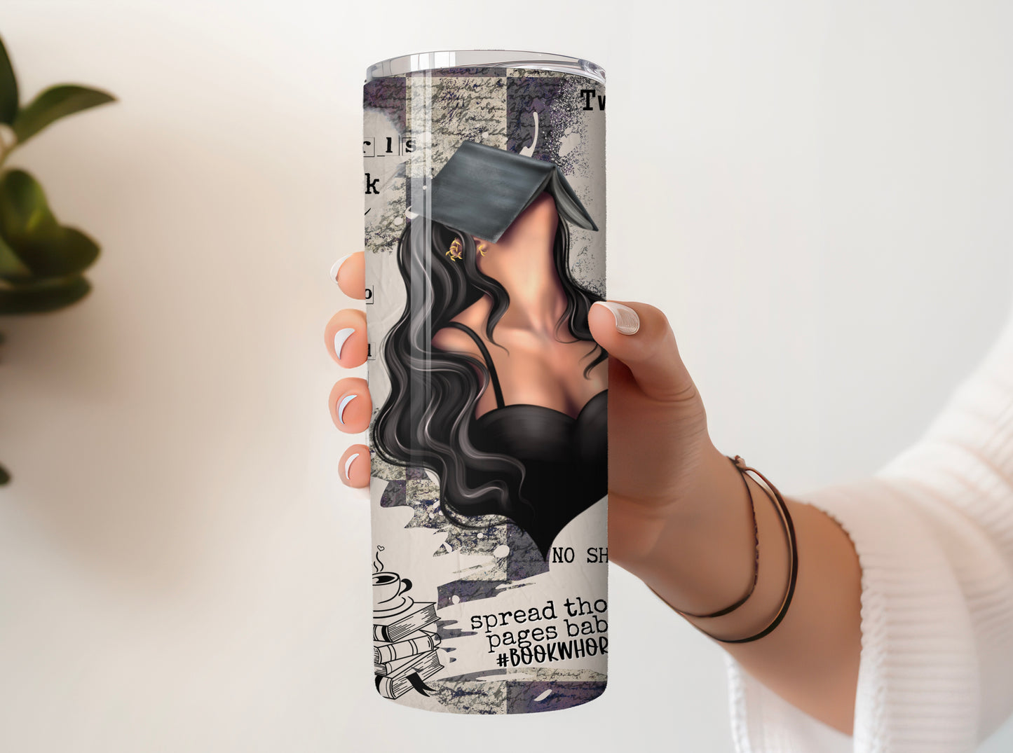 Close-up of Smut Reader Tumbler with Floral and Bookish Details