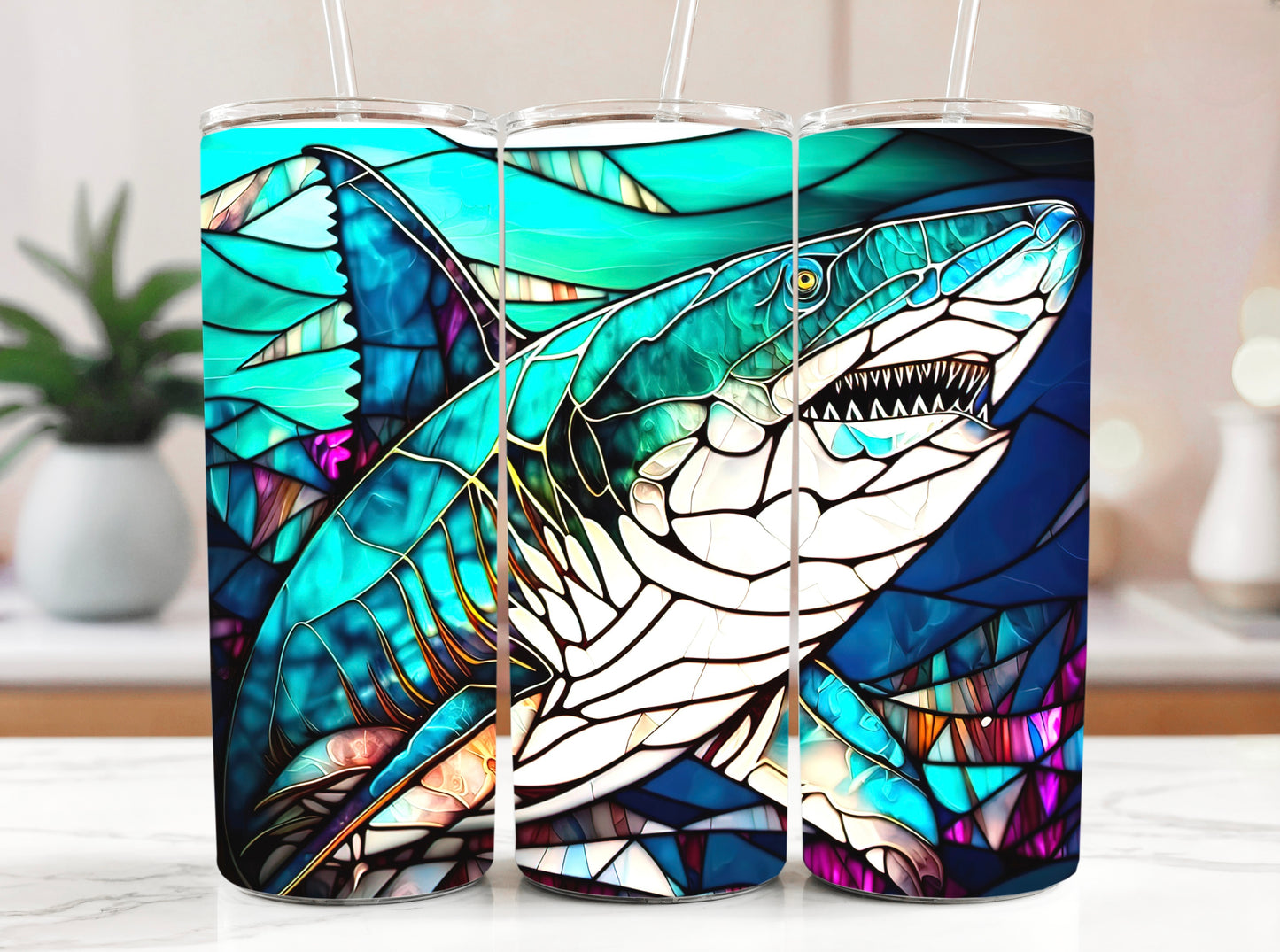 Stained Glass Shark Tumbler - 20oz Ocean Lover Drinkware - Sippincity