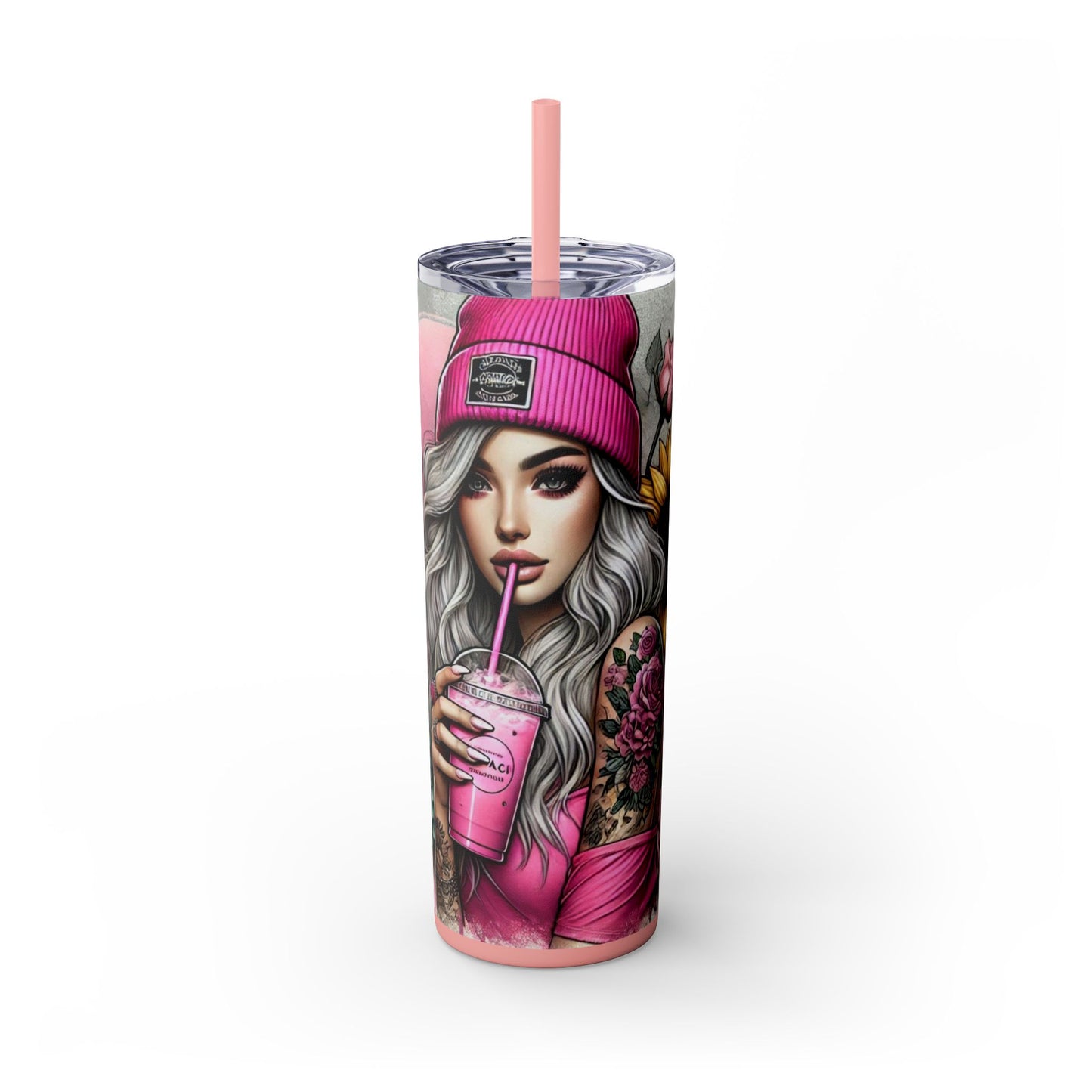 Sunflower & Roses Tattoo Tumbler for Her - Aesthetic Pink Drinkware 20 oz - Sippincity