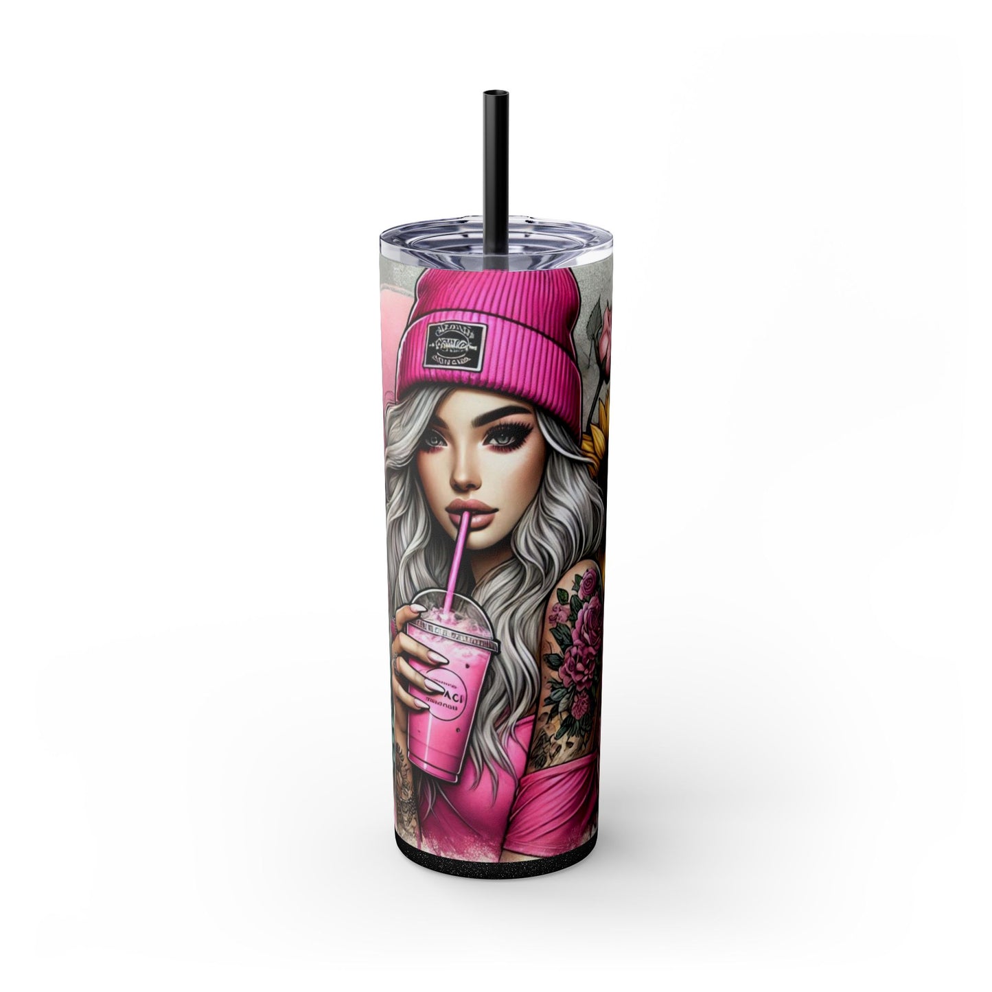 Sunflower & Roses Tattoo Tumbler for Her - Aesthetic Pink Drinkware 20 oz - Sippincity