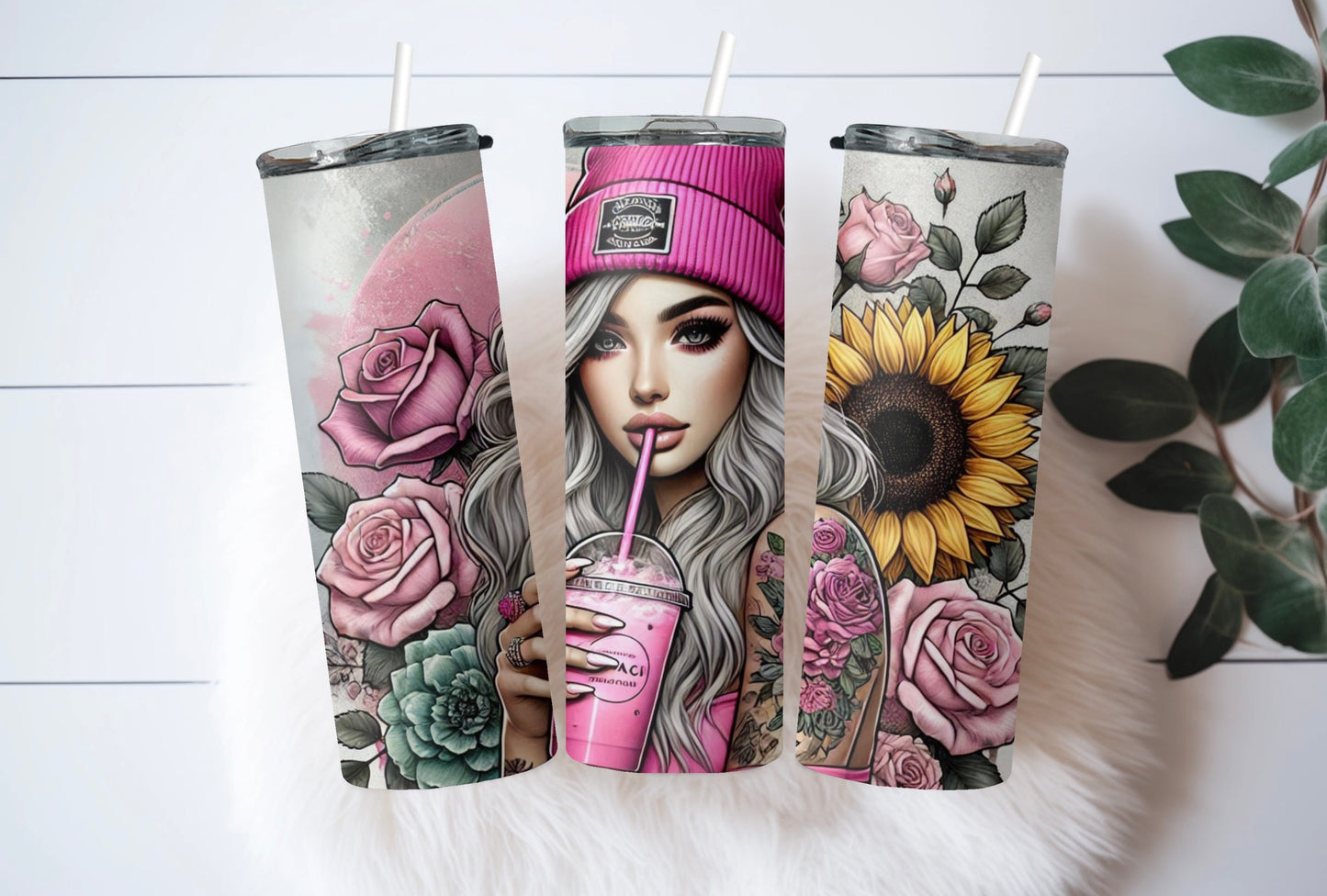 Sunflower & Roses Tattoo Tumbler for Her - Aesthetic Pink Drinkware 20 oz - Sippincity